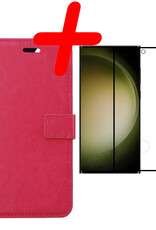 BASEY. Hoes Geschikt voor Samsung S23 Ultra Hoesje Bookcase Hoes Flip Case Book Cover Met Screenprotector - Hoesje Geschikt voor Samsung Galaxy S23 Ultra Hoes Book Case Hoesje - Donkerroze