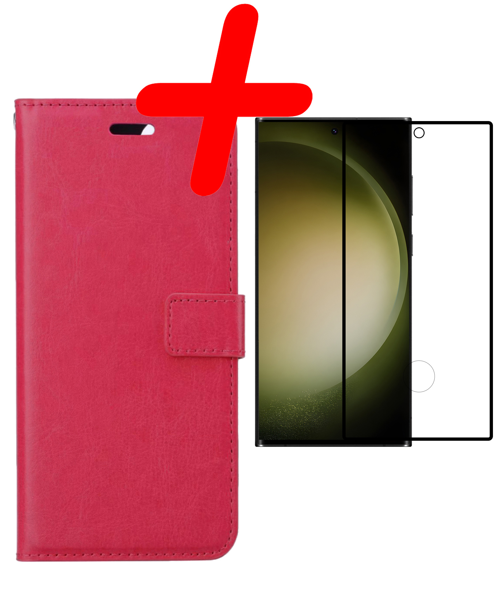 BASEY. Hoes Geschikt voor Samsung S23 Ultra Hoesje Bookcase Hoes Flip Case Book Cover Met Screenprotector - Hoesje Geschikt voor Samsung Galaxy S23 Ultra Hoes Book Case Hoesje - Donkerroze