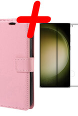 BASEY. Hoes Geschikt voor Samsung S23 Ultra Hoesje Bookcase Hoes Flip Case Book Cover Met Screenprotector - Hoesje Geschikt voor Samsung Galaxy S23 Ultra Hoes Book Case Hoesje - Lichtroze