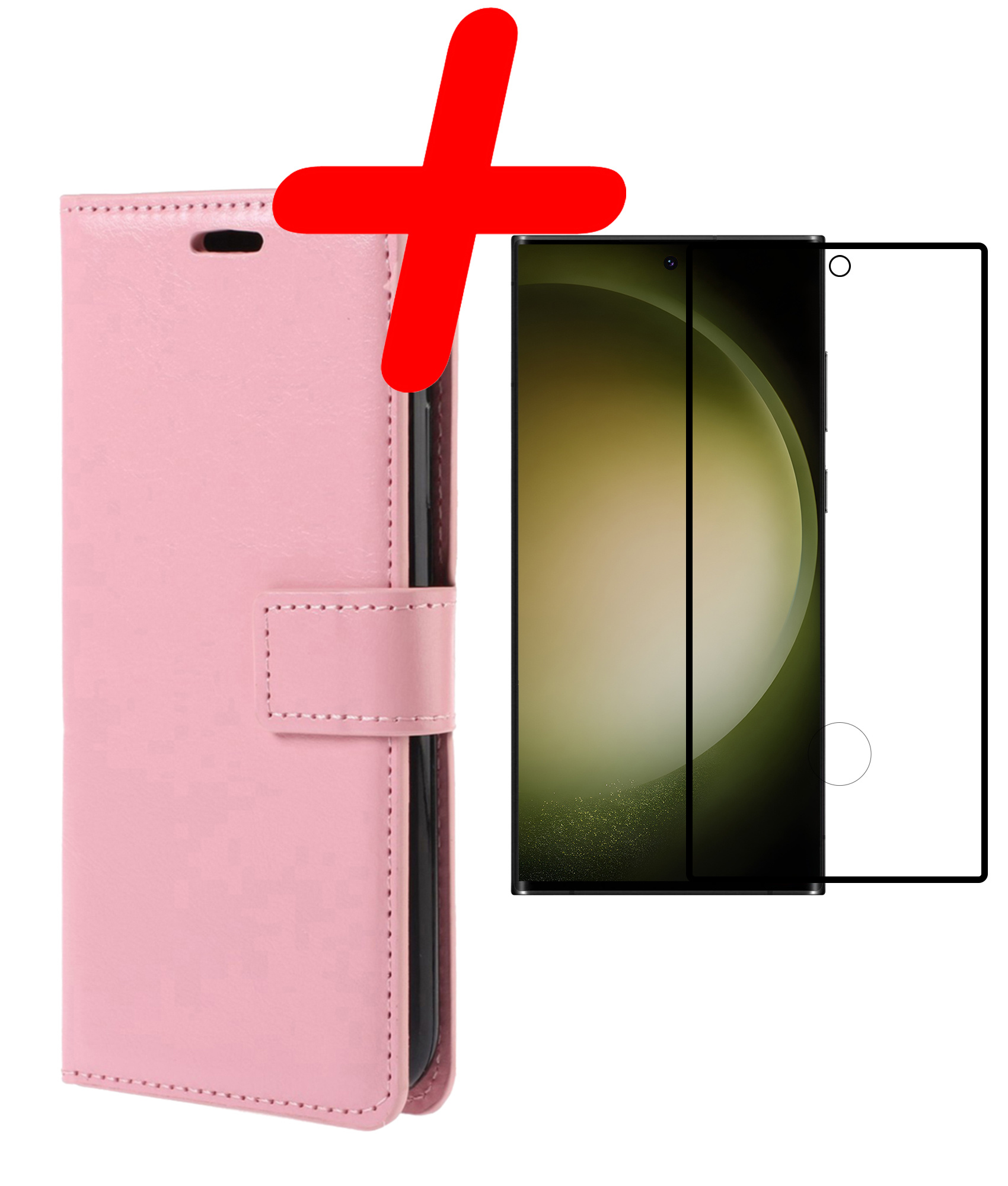 BASEY. Hoes Geschikt voor Samsung S23 Ultra Hoesje Bookcase Hoes Flip Case Book Cover Met Screenprotector - Hoesje Geschikt voor Samsung Galaxy S23 Ultra Hoes Book Case Hoesje - Lichtroze