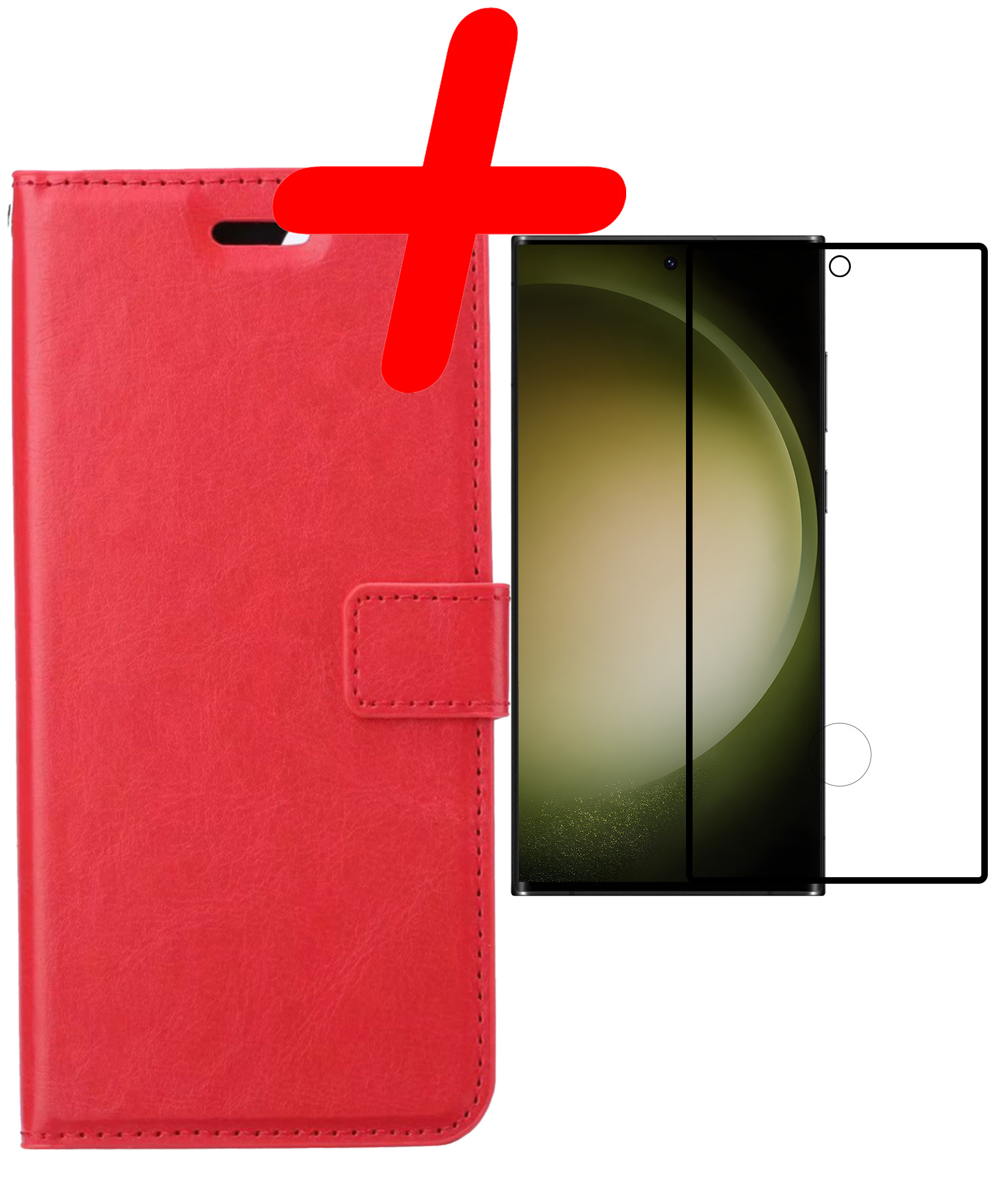 BASEY. Hoes Geschikt voor Samsung S23 Ultra Hoesje Bookcase Hoes Flip Case Book Cover Met Screenprotector - Hoesje Geschikt voor Samsung Galaxy S23 Ultra Hoes Book Case Hoesje - Rood