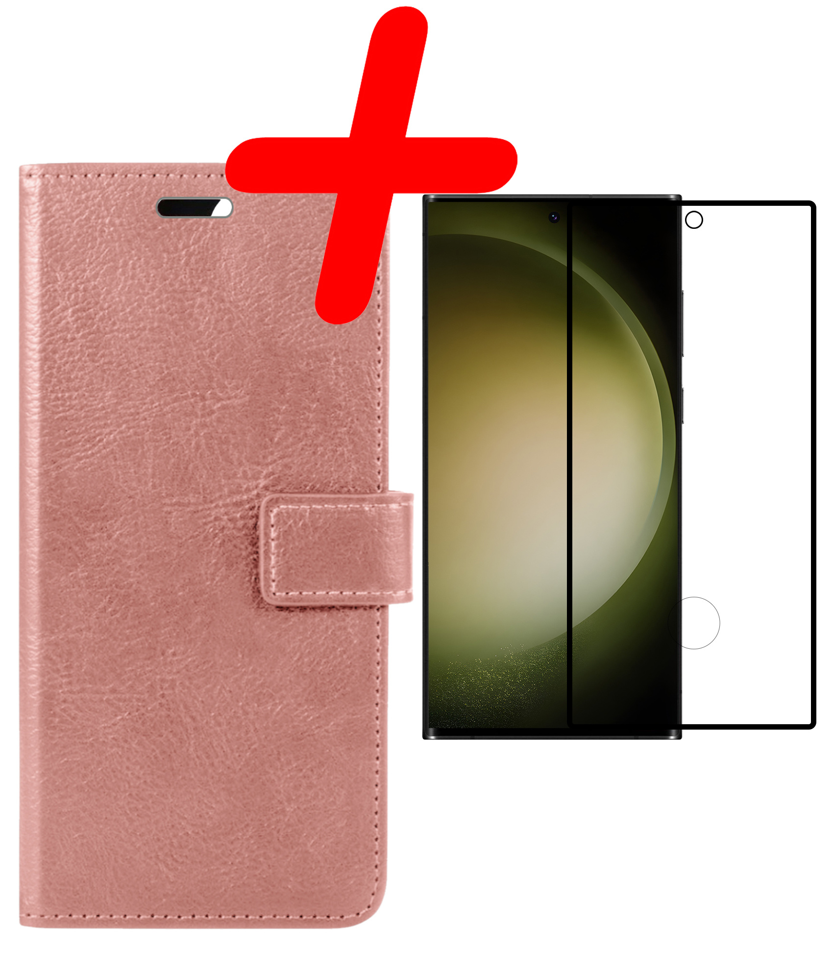 BASEY. Hoes Geschikt voor Samsung S23 Ultra Hoesje Bookcase Hoes Flip Case Book Cover Met Screenprotector - Hoesje Geschikt voor Samsung Galaxy S23 Ultra Hoes Book Case Hoesje - Rosé goud