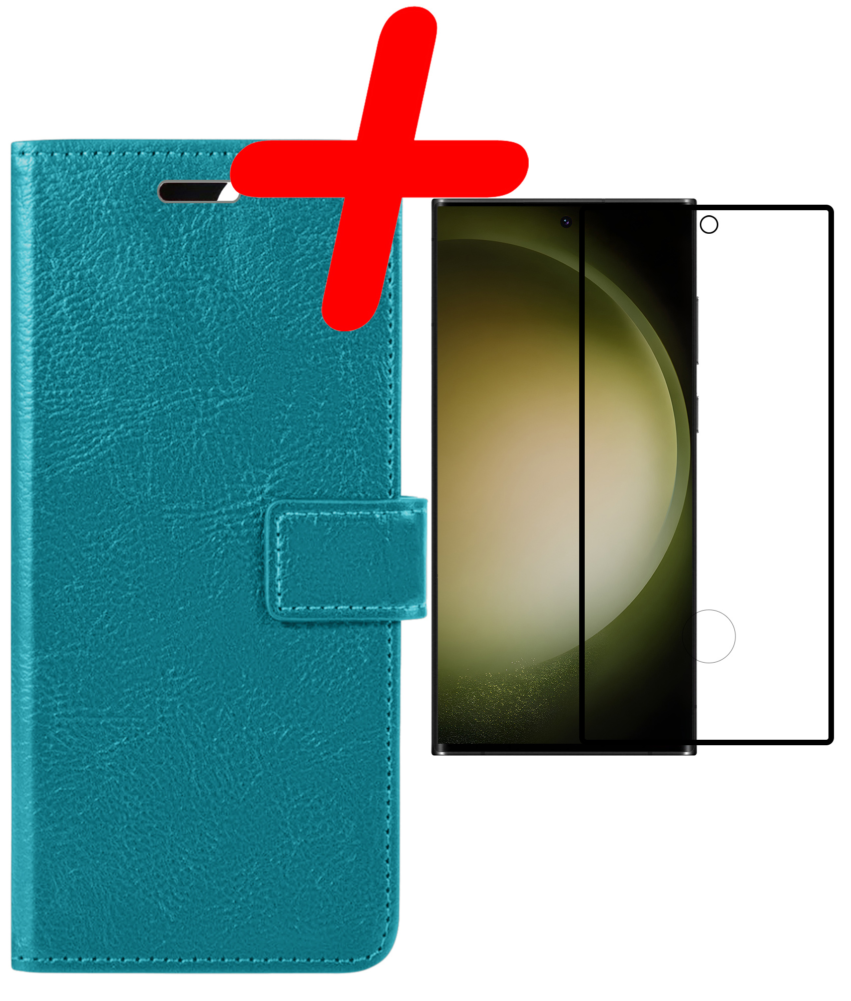 BASEY. Hoes Geschikt voor Samsung S23 Ultra Hoesje Bookcase Hoes Flip Case Book Cover Met Screenprotector - Hoesje Geschikt voor Samsung Galaxy S23 Ultra Hoes Book Case Hoesje - Turquoise