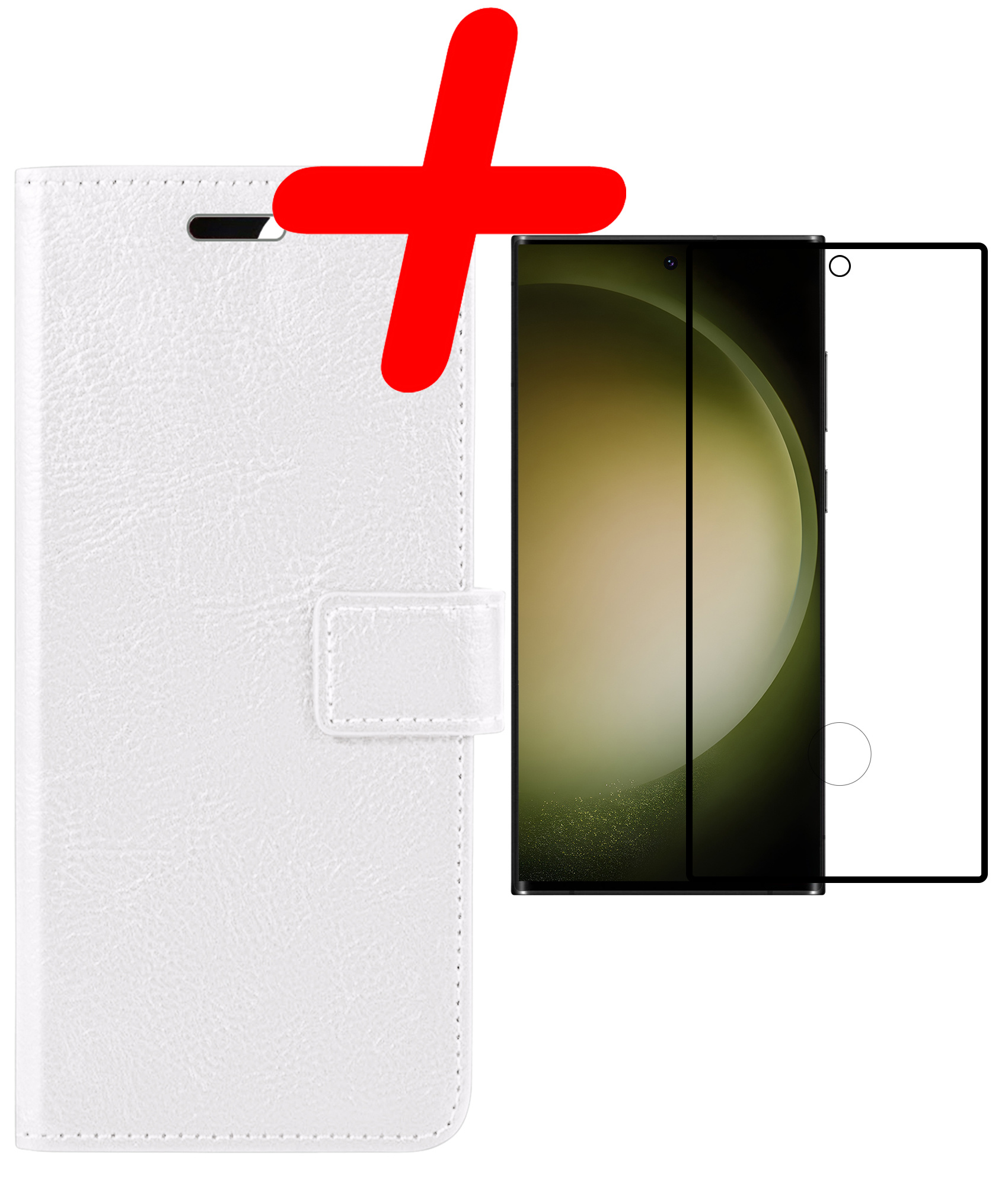 BASEY. Hoes Geschikt voor Samsung S23 Ultra Hoesje Bookcase Hoes Flip Case Book Cover Met Screenprotector - Hoesje Geschikt voor Samsung Galaxy S23 Ultra Hoes Book Case Hoesje - Wit