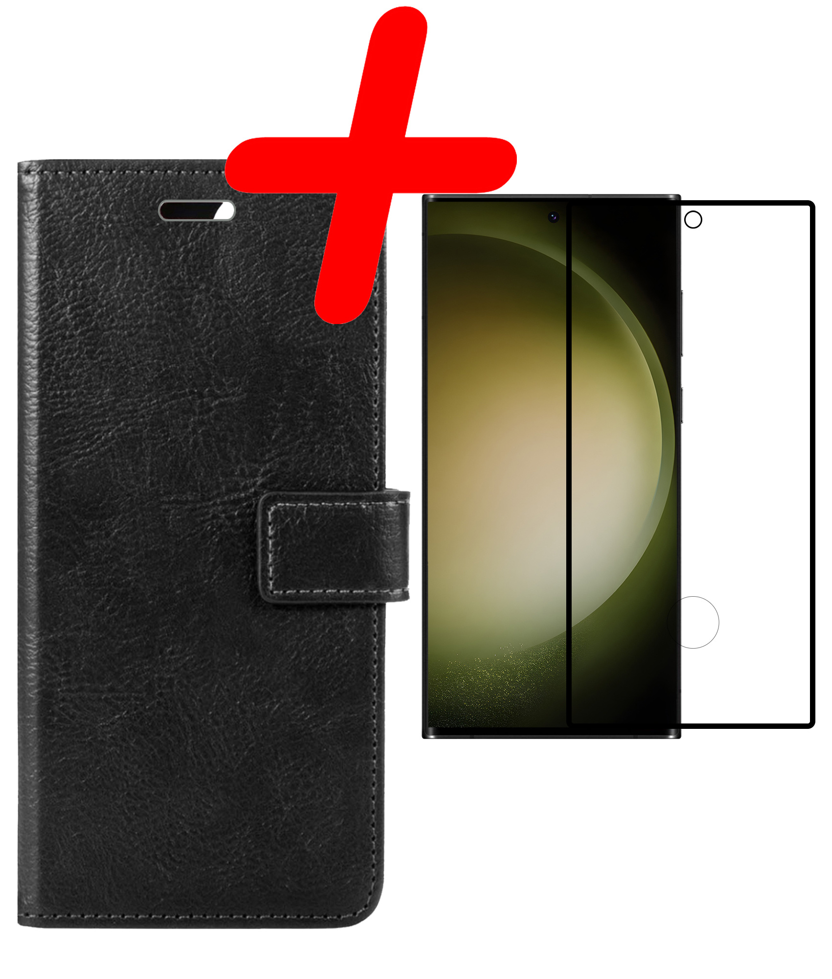 BASEY. Hoes Geschikt voor Samsung S23 Ultra Hoesje Bookcase Hoes Flip Case Book Cover Met Screenprotector - Hoesje Geschikt voor Samsung Galaxy S23 Ultra Hoes Book Case Hoesje - Zwart