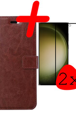 BASEY. Hoes Geschikt voor Samsung S23 Ultra Hoesje Bookcase Hoes Flip Case Book Cover Met 2x Screenprotector - Hoesje Geschikt voor Samsung Galaxy S23 Ultra Hoes Book Case Hoesje - Bruin