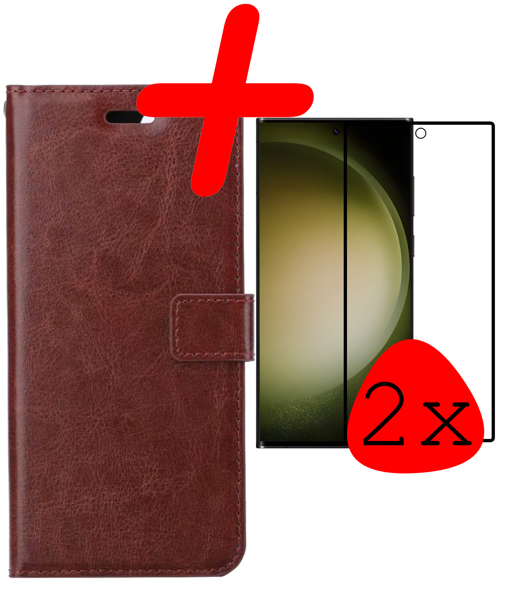 BASEY. Hoes Geschikt voor Samsung S23 Ultra Hoesje Bookcase Hoes Flip Case Book Cover Met 2x Screenprotector - Hoesje Geschikt voor Samsung Galaxy S23 Ultra Hoes Book Case Hoesje - Bruin