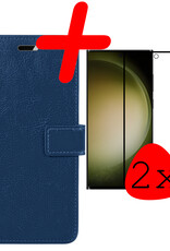 BASEY. Hoes Geschikt voor Samsung S23 Ultra Hoesje Bookcase Hoes Flip Case Book Cover Met 2x Screenprotector - Hoesje Geschikt voor Samsung Galaxy S23 Ultra Hoes Book Case Hoesje - Donkerblauw