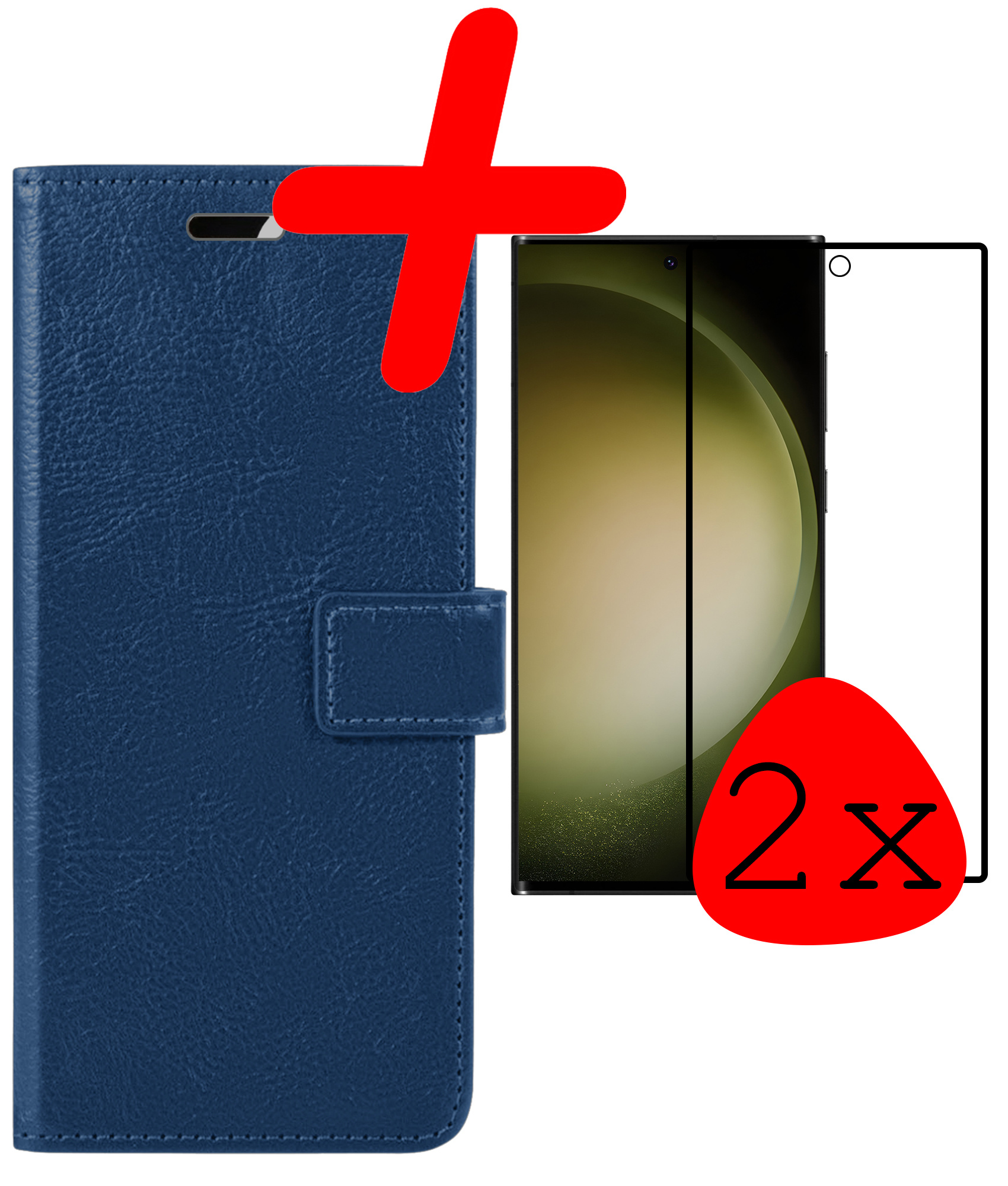 BASEY. Hoes Geschikt voor Samsung S23 Ultra Hoesje Bookcase Hoes Flip Case Book Cover Met 2x Screenprotector - Hoesje Geschikt voor Samsung Galaxy S23 Ultra Hoes Book Case Hoesje - Donkerblauw