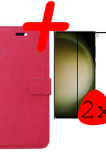 BASEY. Hoes Geschikt voor Samsung S23 Ultra Hoesje Bookcase Hoes Flip Case Book Cover Met 2x Screenprotector - Hoesje Geschikt voor Samsung Galaxy S23 Ultra Hoes Book Case Hoesje - Donkerroze