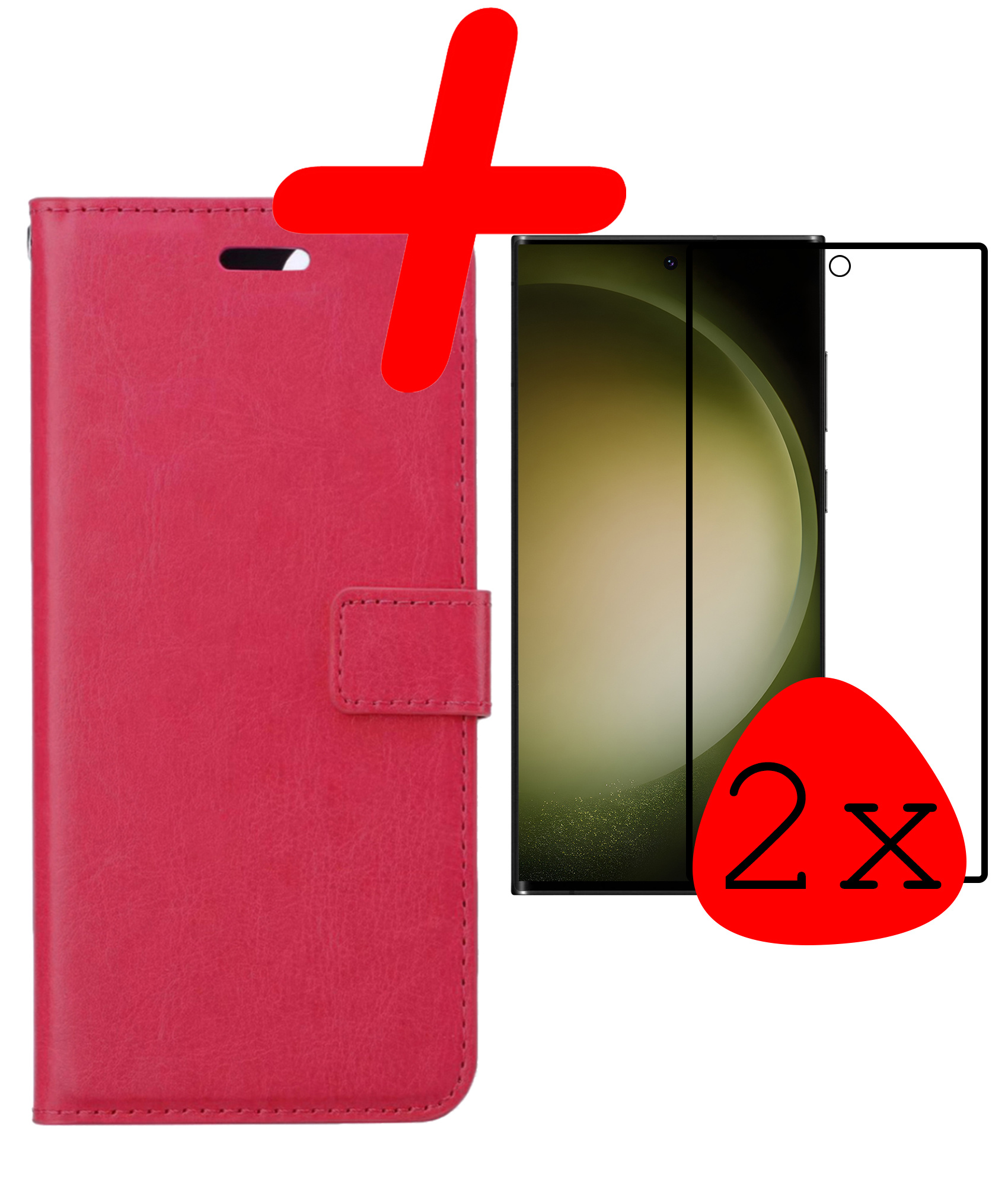 BASEY. Hoes Geschikt voor Samsung S23 Ultra Hoesje Bookcase Hoes Flip Case Book Cover Met 2x Screenprotector - Hoesje Geschikt voor Samsung Galaxy S23 Ultra Hoes Book Case Hoesje - Donkerroze