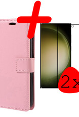 BASEY. Hoes Geschikt voor Samsung S23 Ultra Hoesje Bookcase Hoes Flip Case Book Cover Met 2x Screenprotector - Hoesje Geschikt voor Samsung Galaxy S23 Ultra Hoes Book Case Hoesje - Lichtroze