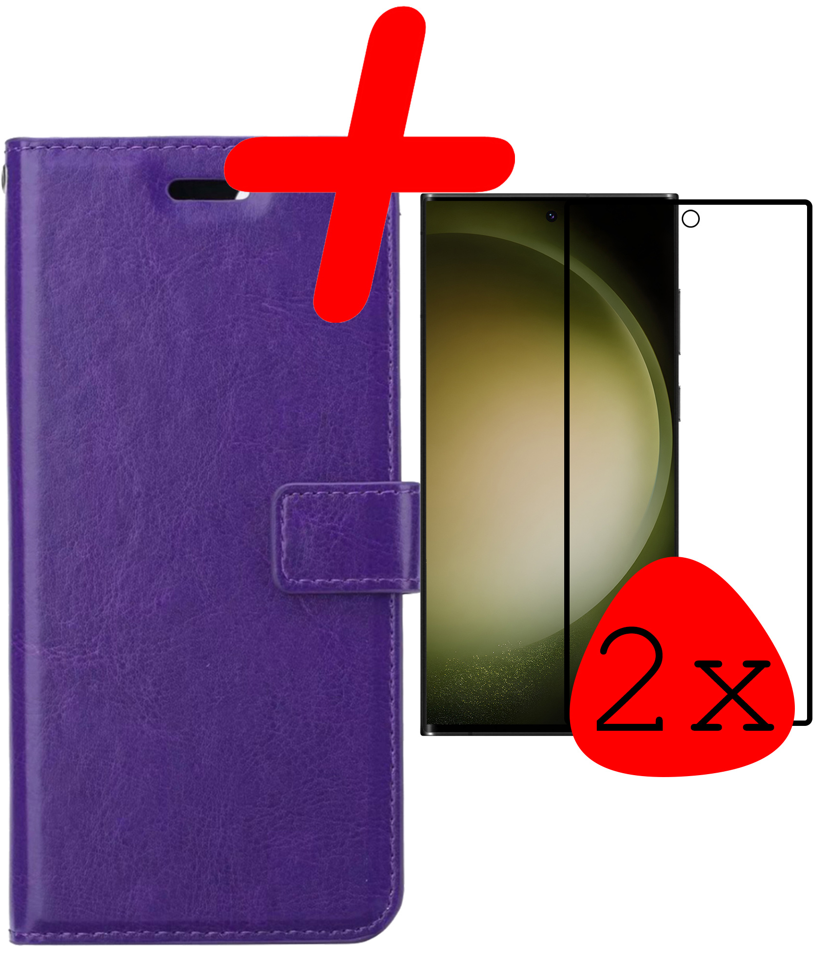 BASEY. Hoes Geschikt voor Samsung S23 Ultra Hoesje Bookcase Hoes Flip Case Book Cover Met 2x Screenprotector - Hoesje Geschikt voor Samsung Galaxy S23 Ultra Hoes Book Case Hoesje - Paars