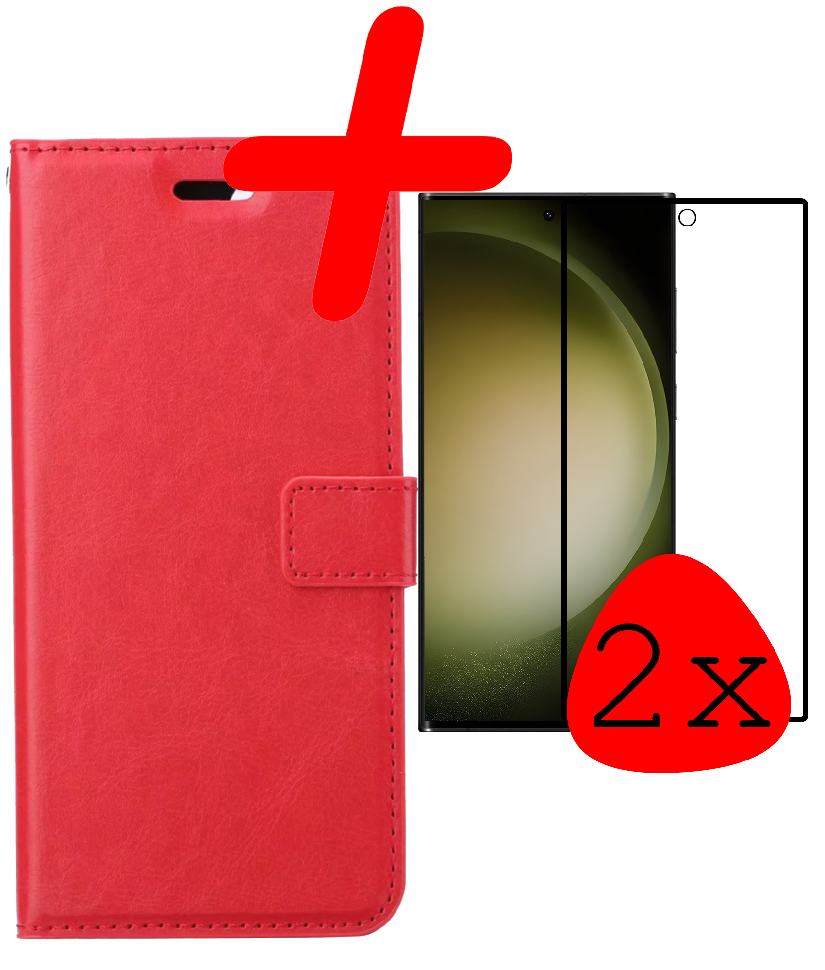 BASEY. Hoes Geschikt voor Samsung S23 Ultra Hoesje Bookcase Hoes Flip Case Book Cover Met 2x Screenprotector - Hoesje Geschikt voor Samsung Galaxy S23 Ultra Hoes Book Case Hoesje - Rood