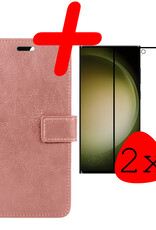 BASEY. Hoes Geschikt voor Samsung S23 Ultra Hoesje Bookcase Hoes Flip Case Book Cover Met 2x Screenprotector - Hoesje Geschikt voor Samsung Galaxy S23 Ultra Hoes Book Case Hoesje - Rosé goud