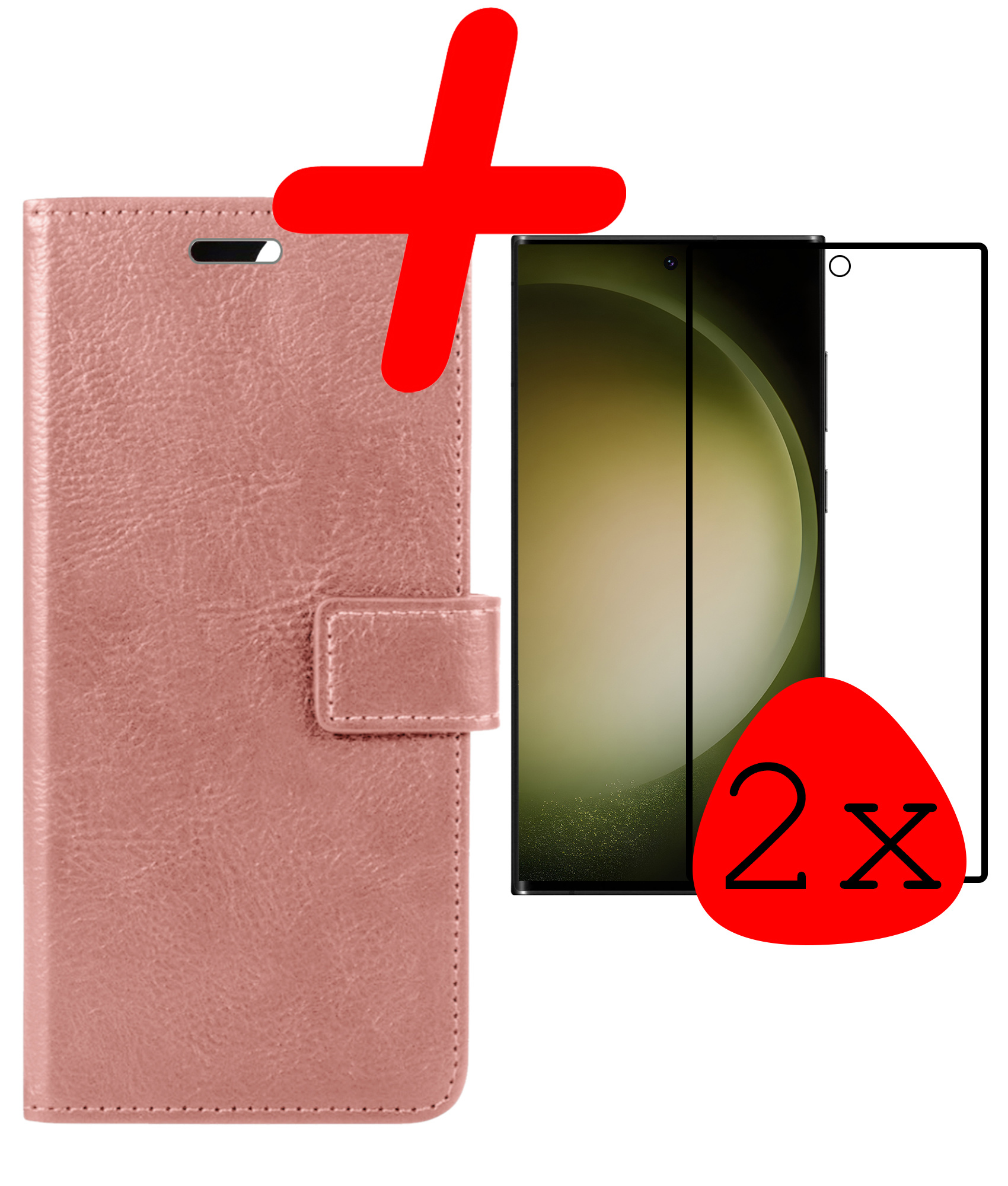 BASEY. Hoes Geschikt voor Samsung S23 Ultra Hoesje Bookcase Hoes Flip Case Book Cover Met 2x Screenprotector - Hoesje Geschikt voor Samsung Galaxy S23 Ultra Hoes Book Case Hoesje - Rosé goud