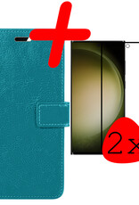 BASEY. Hoes Geschikt voor Samsung S23 Ultra Hoesje Bookcase Hoes Flip Case Book Cover Met 2x Screenprotector - Hoesje Geschikt voor Samsung Galaxy S23 Ultra Hoes Book Case Hoesje - Turquoise