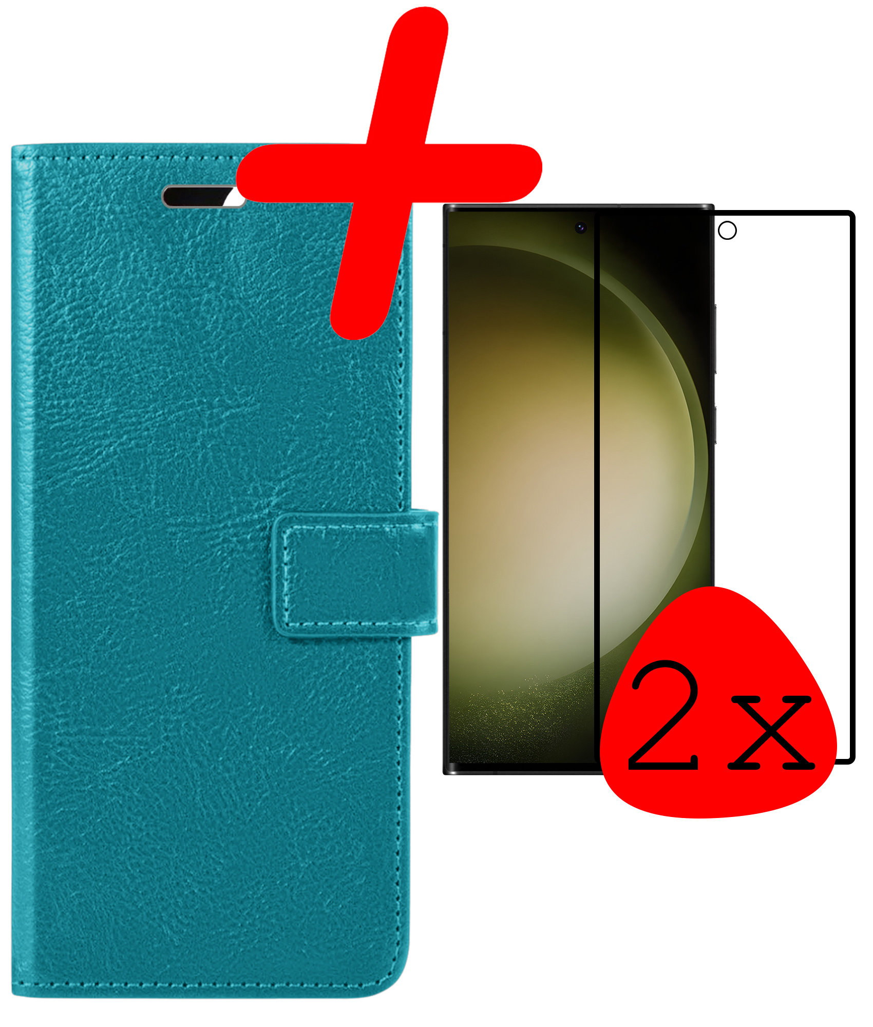 BASEY. Hoes Geschikt voor Samsung S23 Ultra Hoesje Bookcase Hoes Flip Case Book Cover Met 2x Screenprotector - Hoesje Geschikt voor Samsung Galaxy S23 Ultra Hoes Book Case Hoesje - Turquoise
