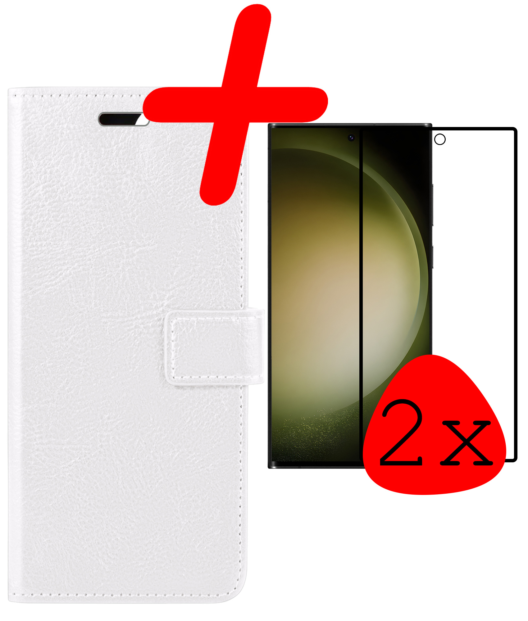 BASEY. Hoes Geschikt voor Samsung S23 Ultra Hoesje Bookcase Hoes Flip Case Book Cover Met 2x Screenprotector - Hoesje Geschikt voor Samsung Galaxy S23 Ultra Hoes Book Case Hoesje - Wit