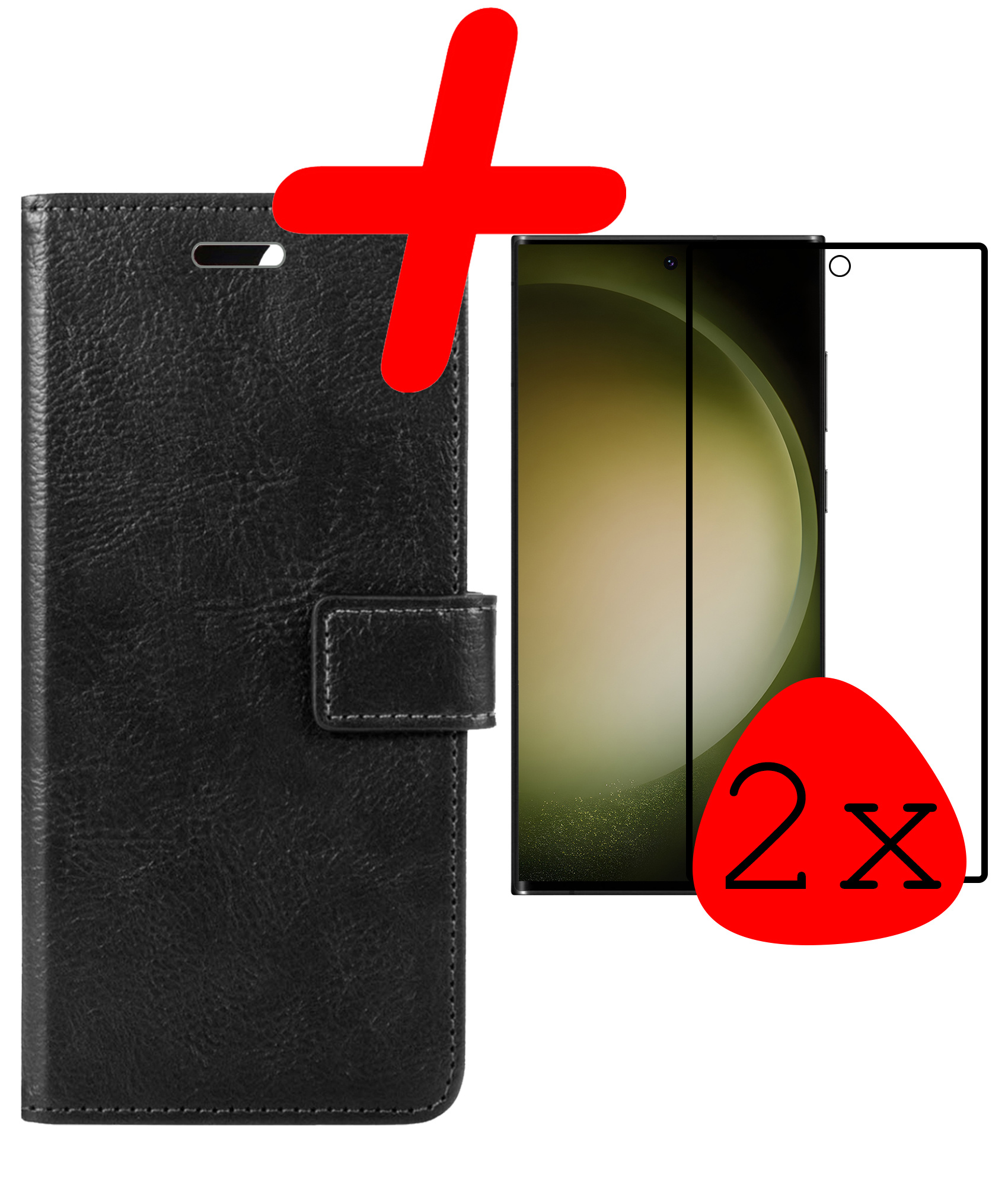 BASEY. Hoes Geschikt voor Samsung S23 Ultra Hoesje Bookcase Hoes Flip Case Book Cover Met 2x Screenprotector - Hoesje Geschikt voor Samsung Galaxy S23 Ultra Hoes Book Case Hoesje - Zwart