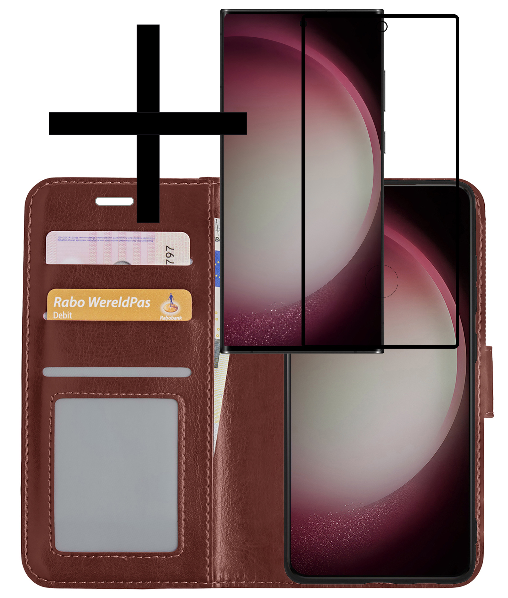 NoXx Hoes Geschikt voor Samsung S23 Ultra Hoesje Book Case Hoes Flip Cover Wallet Bookcase Met Screenprotector - Bruin