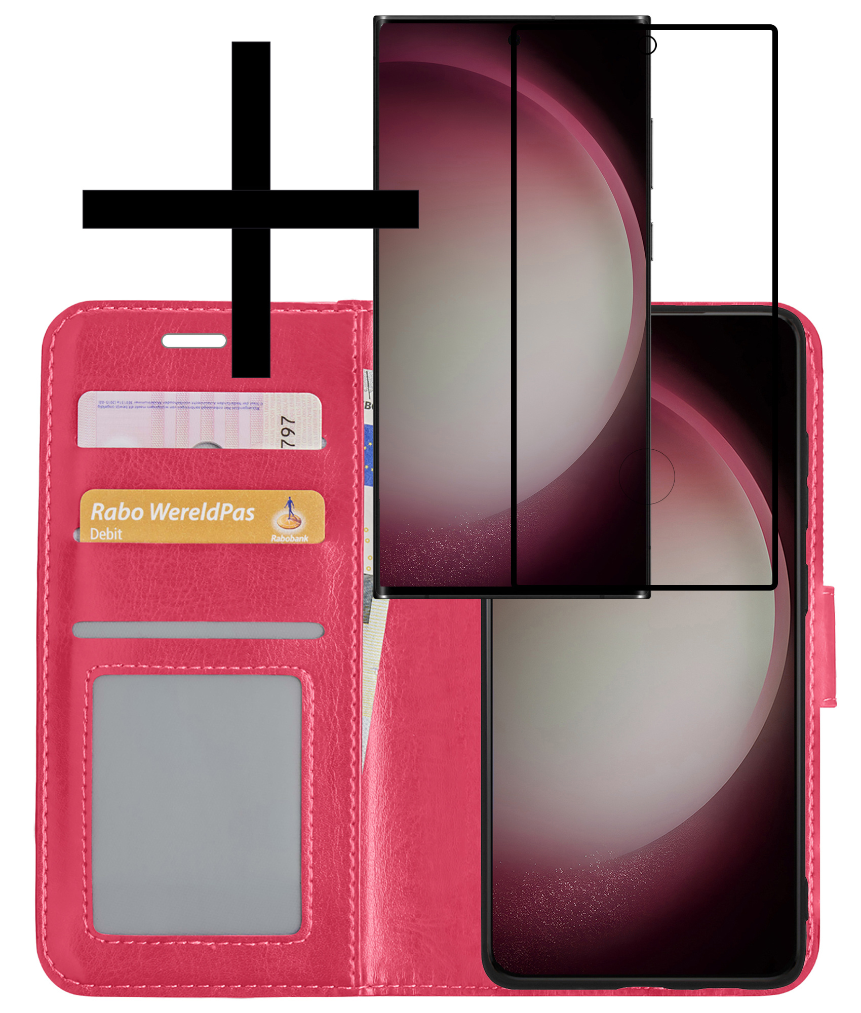 NoXx Hoes Geschikt voor Samsung S23 Ultra Hoesje Book Case Hoes Flip Cover Wallet Bookcase Met Screenprotector - Donkerroze