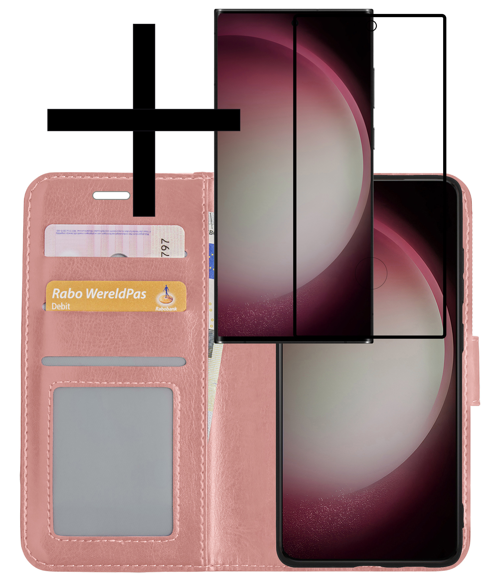 NoXx Hoes Geschikt voor Samsung S23 Ultra Hoesje Book Case Hoes Flip Cover Wallet Bookcase Met Screenprotector - Rosé goud