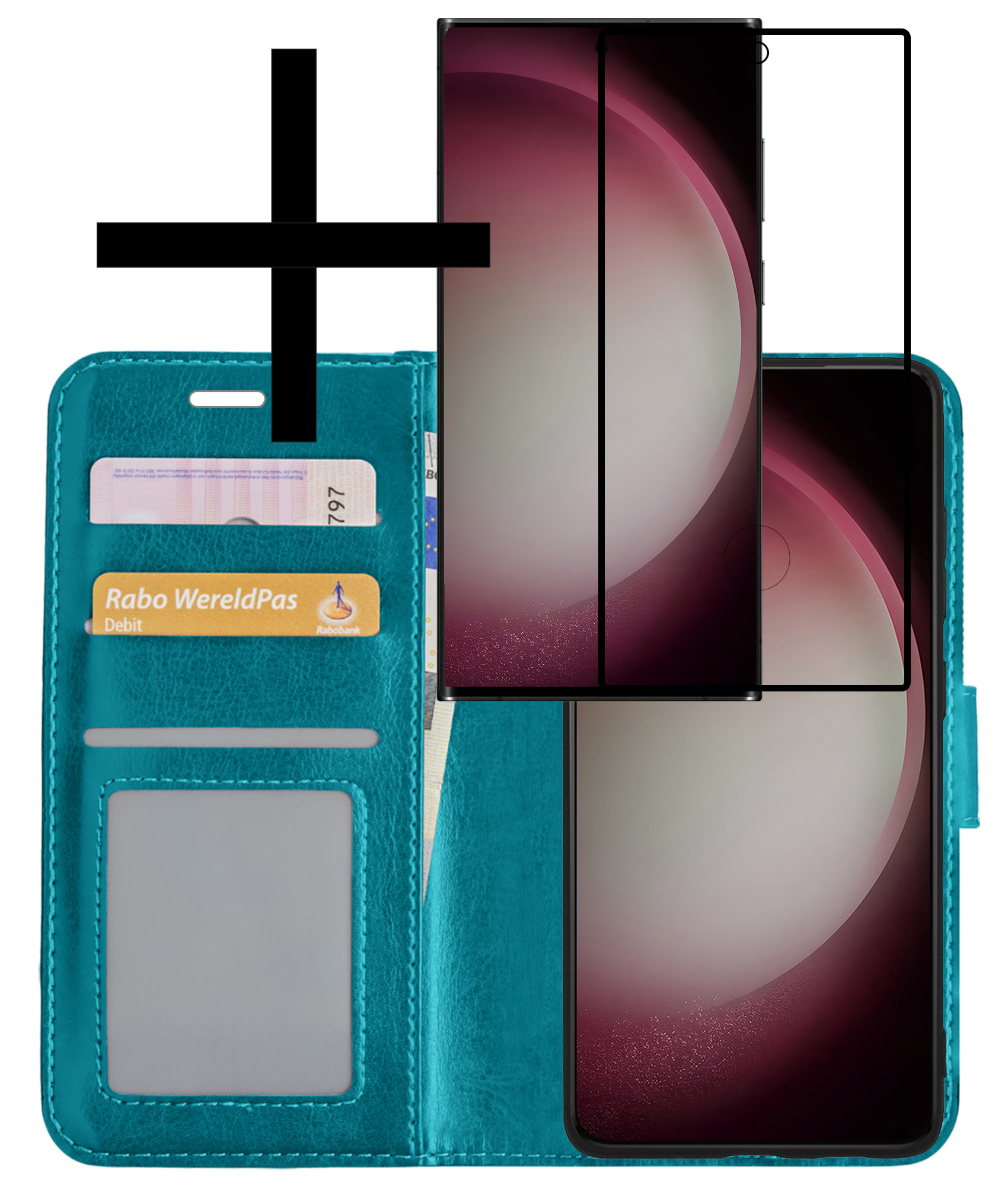 NoXx Hoes Geschikt voor Samsung S23 Ultra Hoesje Book Case Hoes Flip Cover Wallet Bookcase Met Screenprotector - Turquoise
