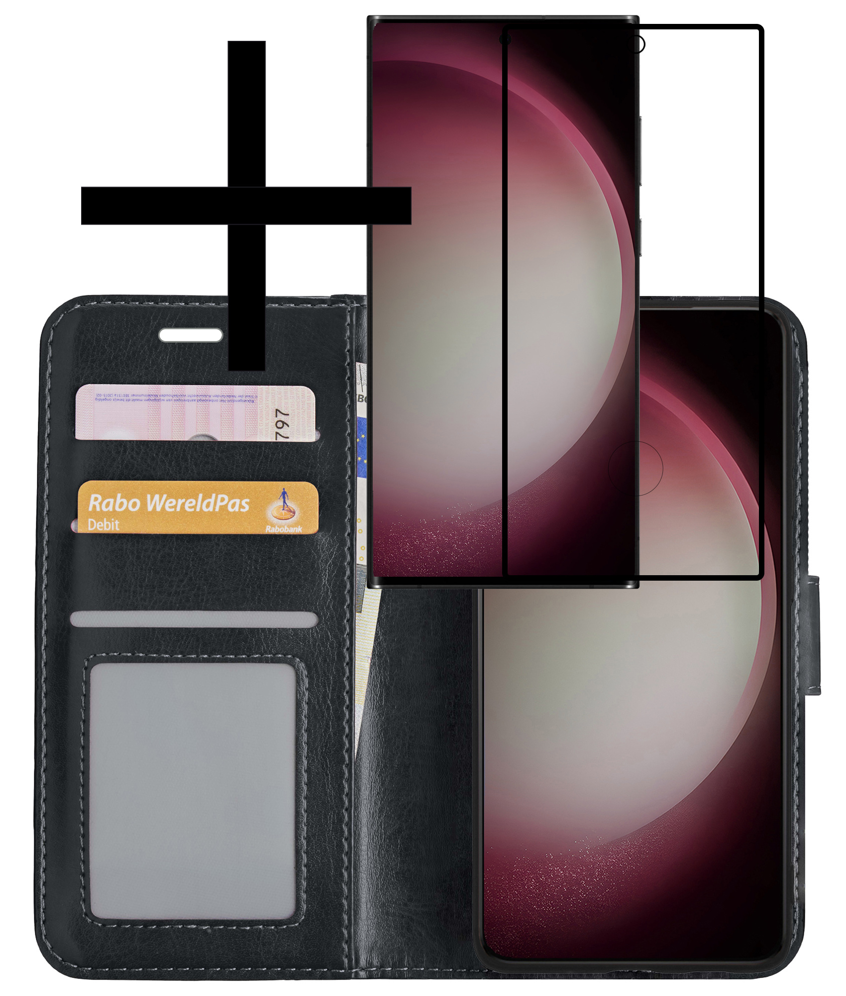 NoXx Hoes Geschikt voor Samsung S23 Ultra Hoesje Book Case Hoes Flip Cover Wallet Bookcase Met Screenprotector - Zwart