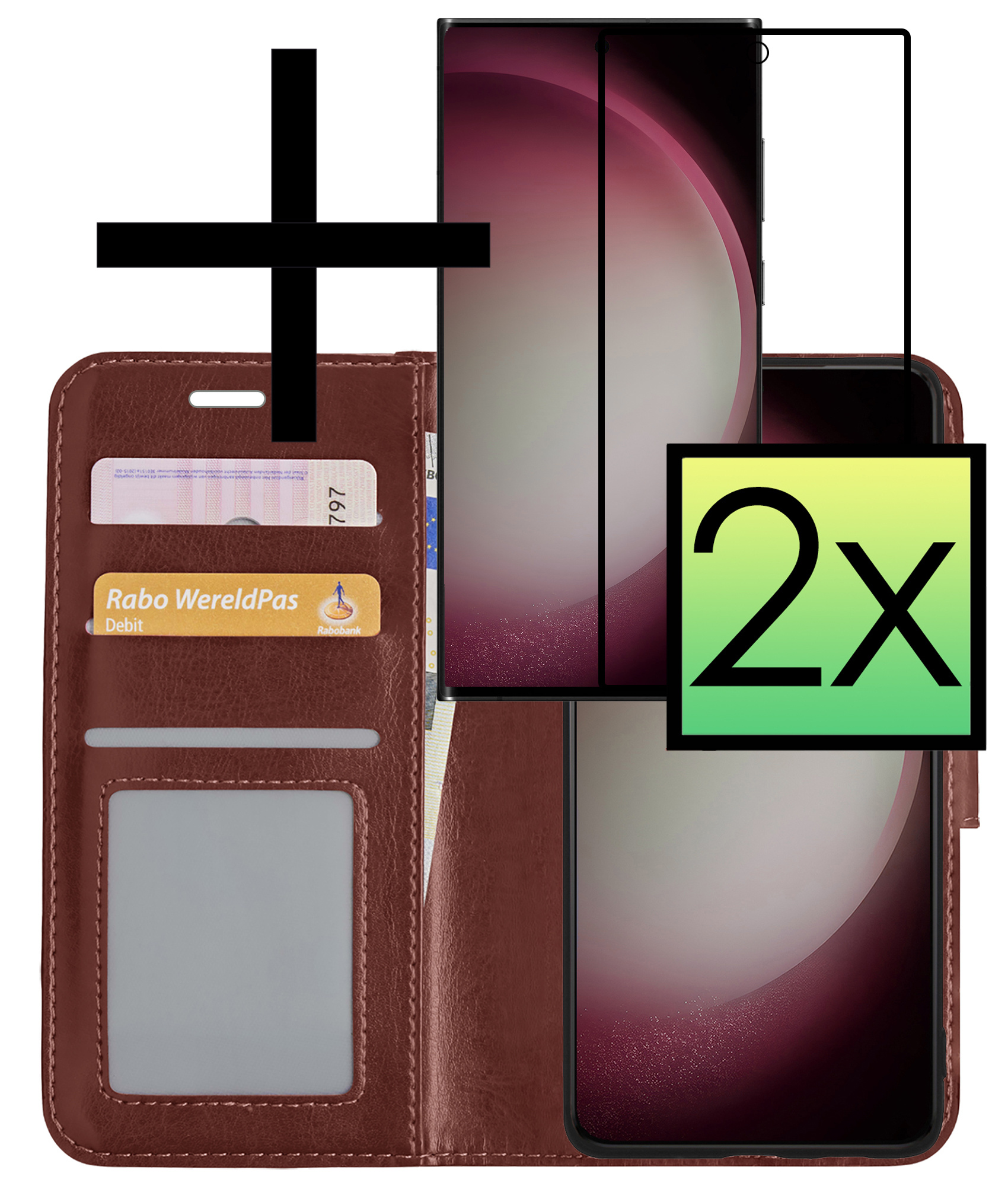 NoXx Hoes Geschikt voor Samsung S23 Ultra Hoesje Book Case Hoes Flip Cover Wallet Bookcase Met 2x Screenprotector - Bruin