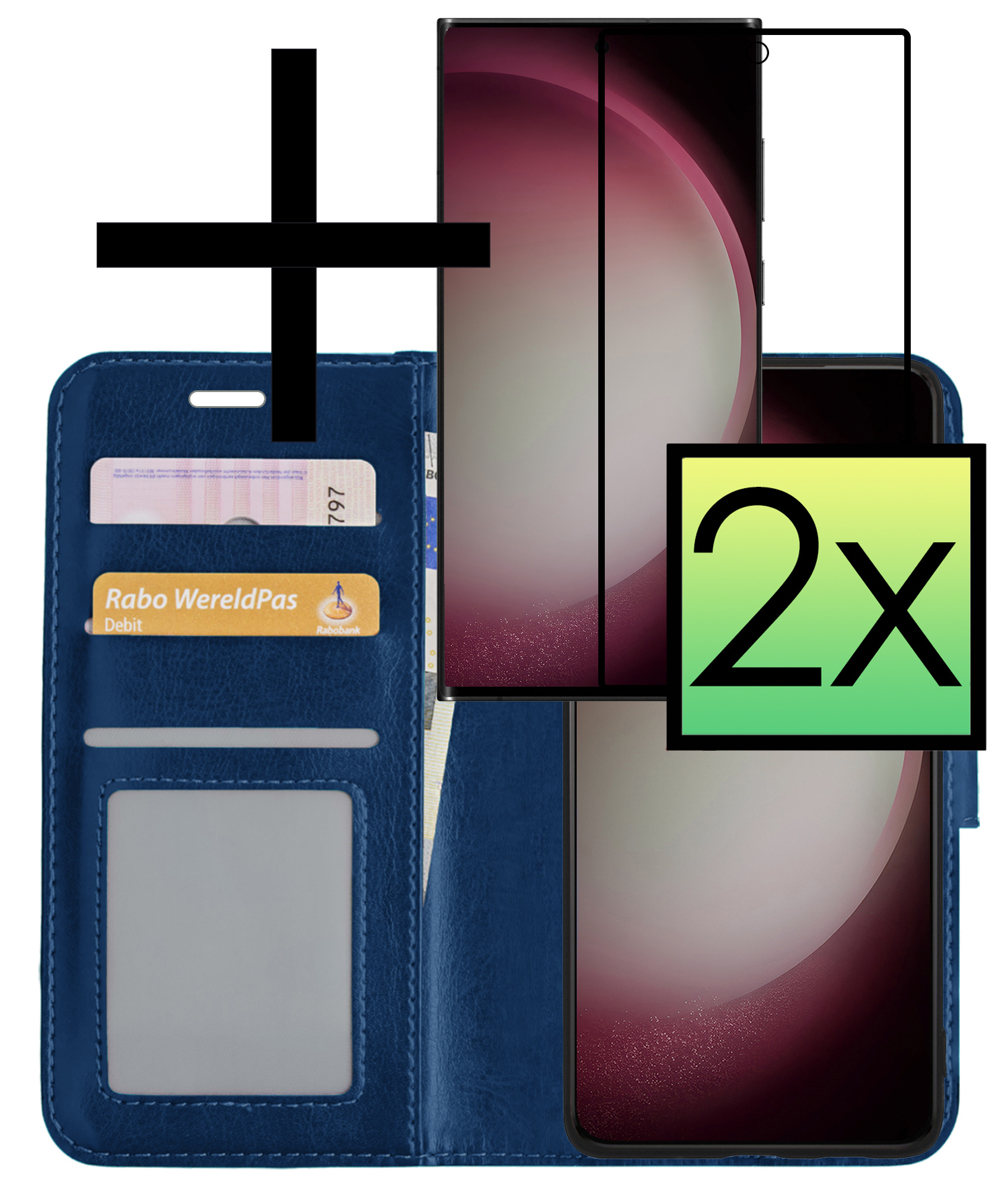 NoXx Hoes Geschikt voor Samsung S23 Ultra Hoesje Book Case Hoes Flip Cover Wallet Bookcase Met 2x Screenprotector - Donkerblauw