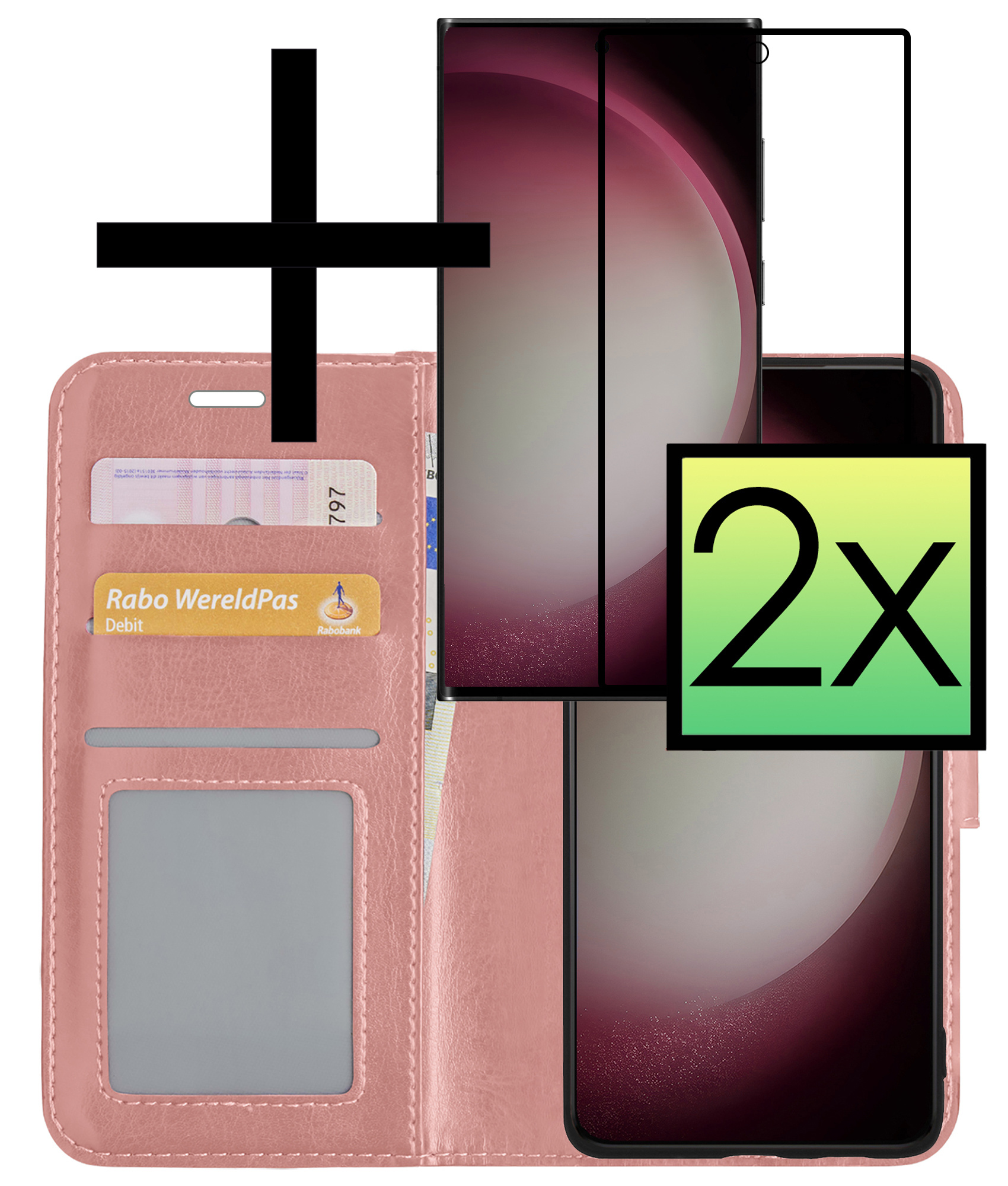 NoXx Hoes Geschikt voor Samsung S23 Ultra Hoesje Book Case Hoes Flip Cover Wallet Bookcase Met 2x Screenprotector - Rosé goud