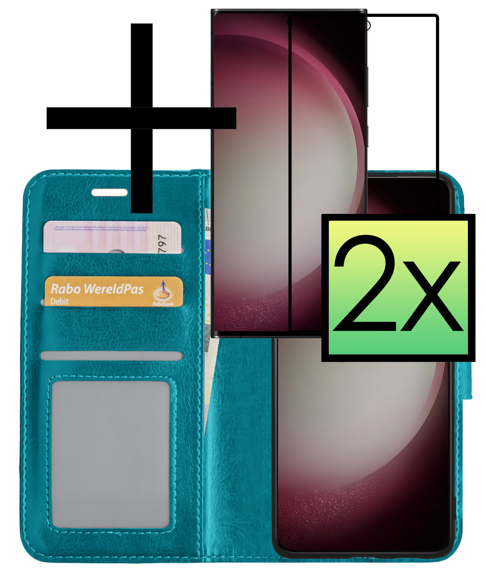 NoXx Hoes Geschikt voor Samsung S23 Ultra Hoesje Book Case Hoes Flip Cover Wallet Bookcase Met 2x Screenprotector - Turquoise