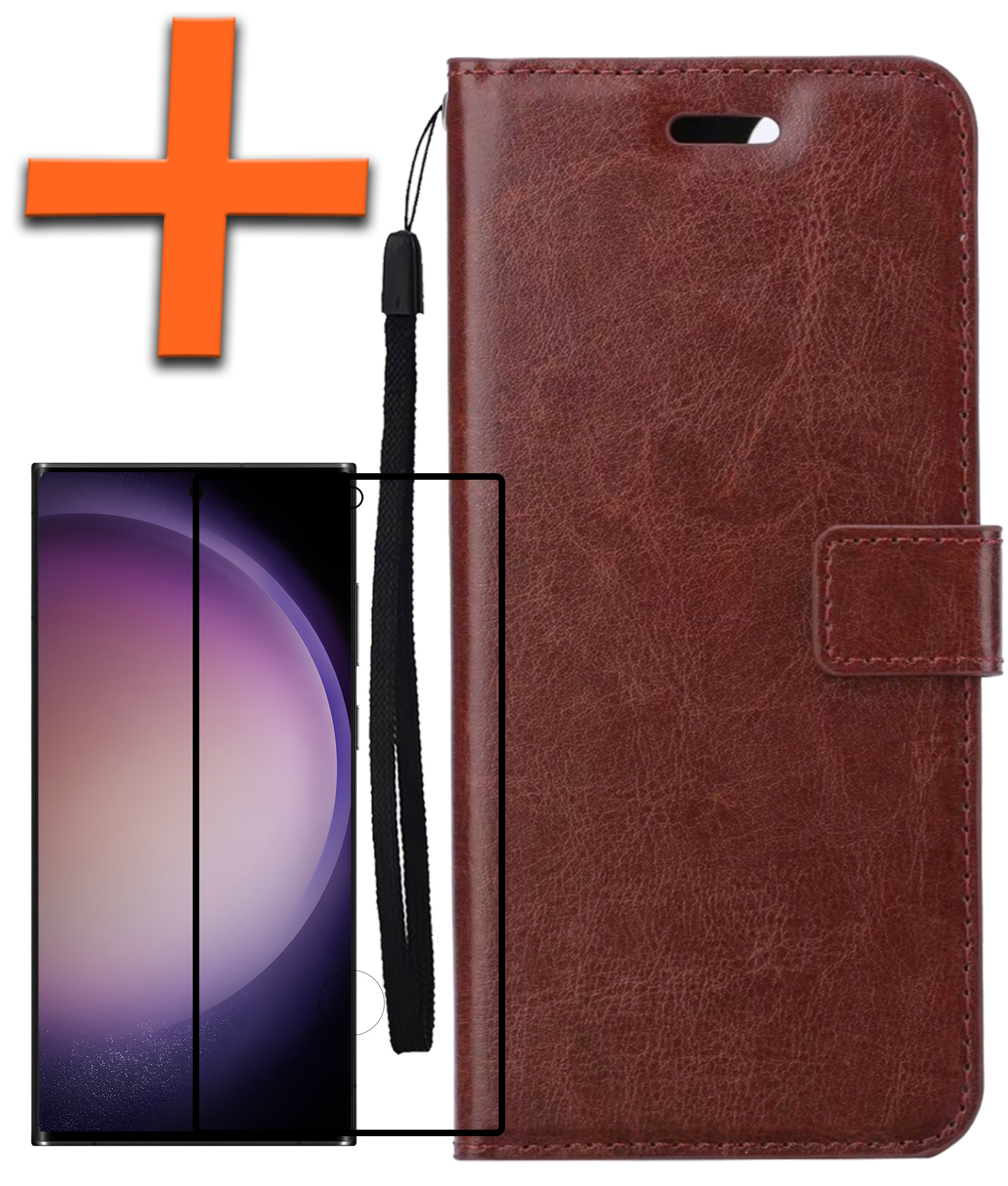 Nomfy Hoesje Geschikt voor Samsung S23 Ultra Hoes Bookcase Flipcase Book Cover Met Screenprotector - Hoes Geschikt voor Samsung Galaxy S23 Ultra Hoesje Book Case - Bruin