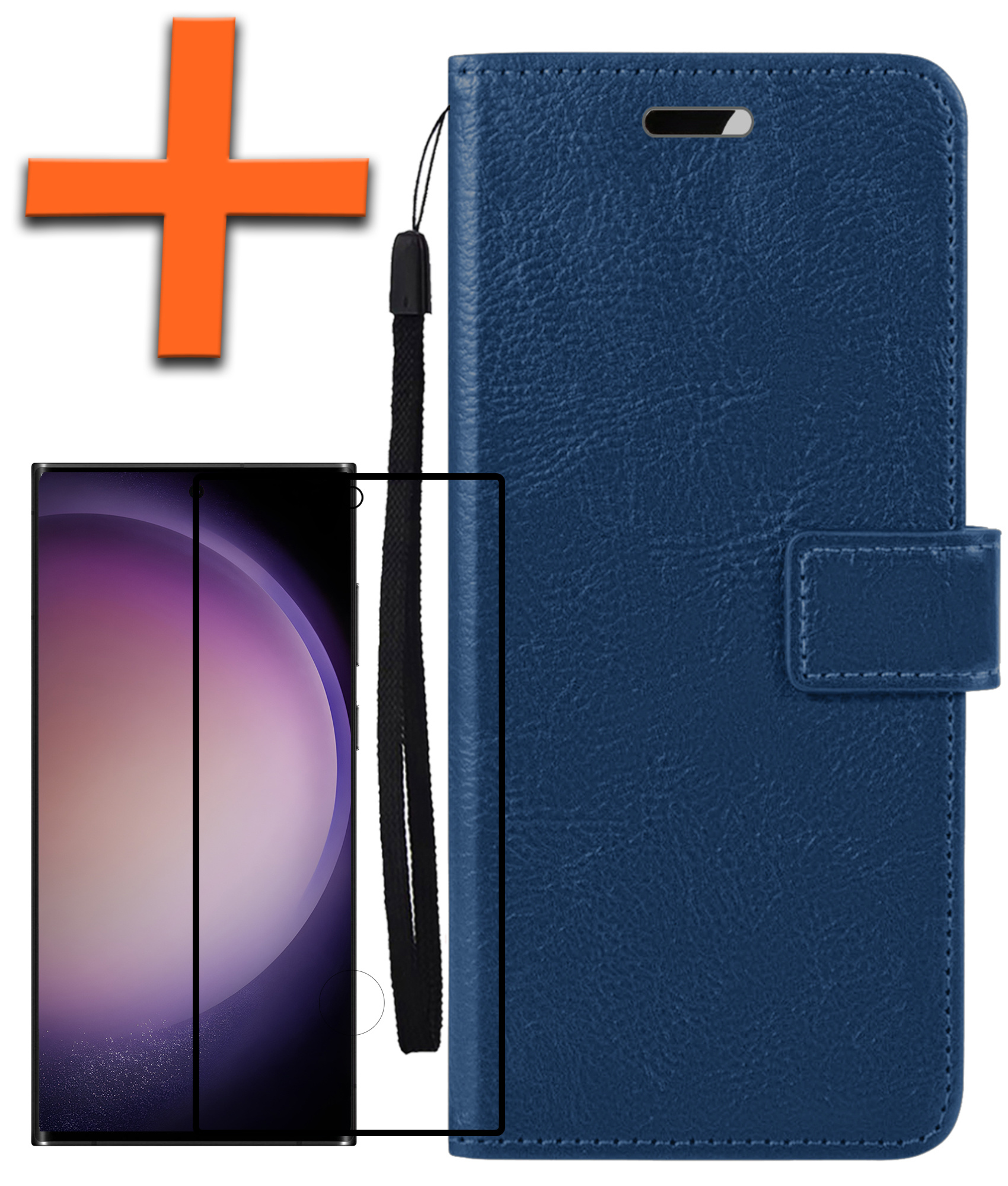 Nomfy Hoesje Geschikt voor Samsung S23 Ultra Hoes Bookcase Flipcase Book Cover Met Screenprotector - Hoes Geschikt voor Samsung Galaxy S23 Ultra Hoesje Book Case - Donkerblauw