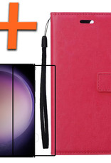 Nomfy Hoesje Geschikt voor Samsung S23 Ultra Hoes Bookcase Flipcase Book Cover Met Screenprotector - Hoes Geschikt voor Samsung Galaxy S23 Ultra Hoesje Book Case - Donkerroze