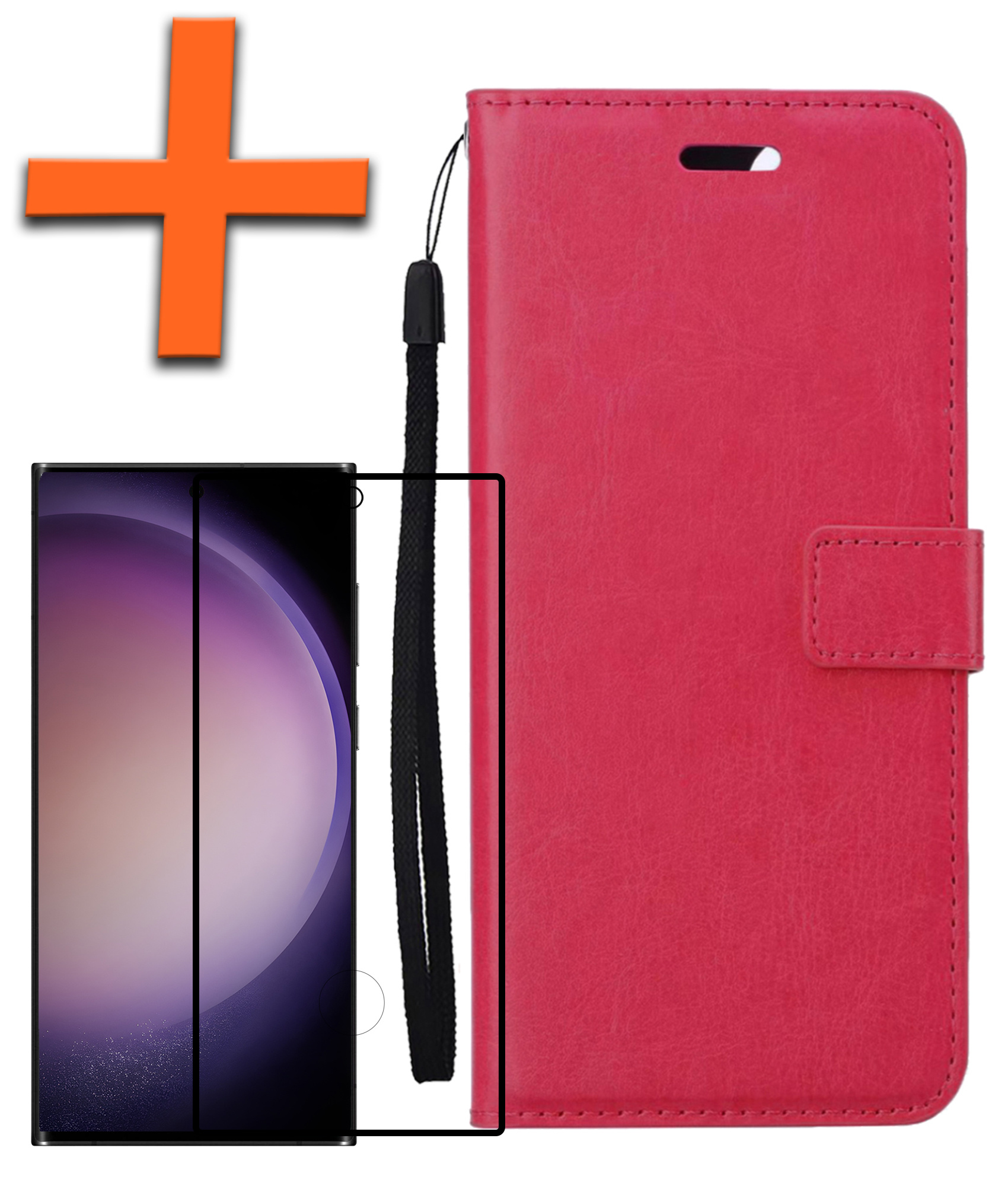 Nomfy Hoesje Geschikt voor Samsung S23 Ultra Hoes Bookcase Flipcase Book Cover Met Screenprotector - Hoes Geschikt voor Samsung Galaxy S23 Ultra Hoesje Book Case - Donkerroze