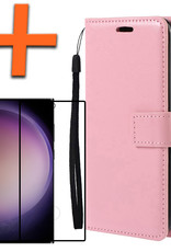 Nomfy Hoesje Geschikt voor Samsung S23 Ultra Hoes Bookcase Flipcase Book Cover Met Screenprotector - Hoes Geschikt voor Samsung Galaxy S23 Ultra Hoesje Book Case - Lichtroze