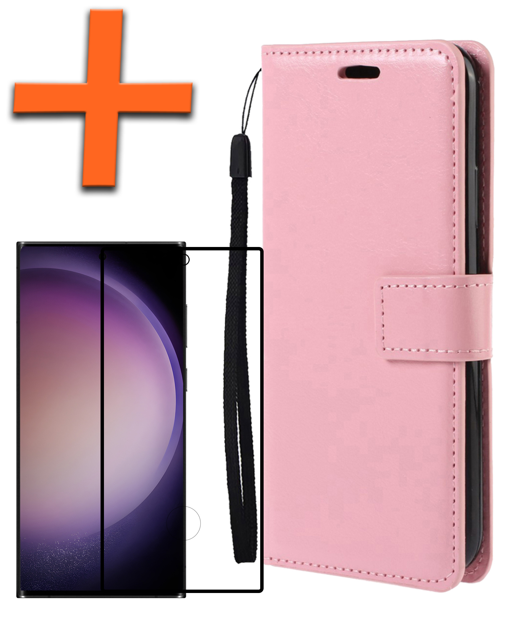 Nomfy Hoesje Geschikt voor Samsung S23 Ultra Hoes Bookcase Flipcase Book Cover Met Screenprotector - Hoes Geschikt voor Samsung Galaxy S23 Ultra Hoesje Book Case - Lichtroze