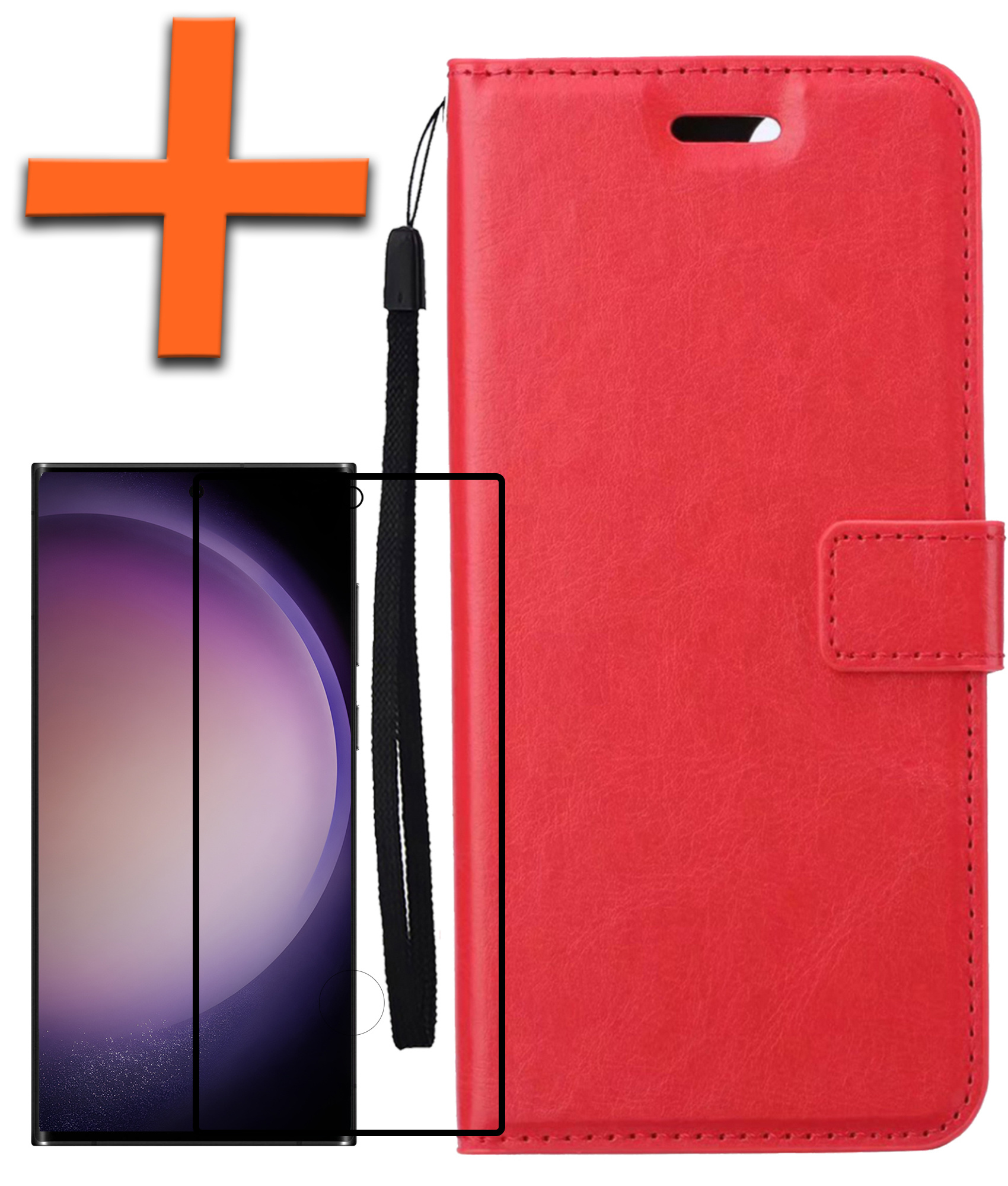 Nomfy Hoesje Geschikt voor Samsung S23 Ultra Hoes Bookcase Flipcase Book Cover Met Screenprotector - Hoes Geschikt voor Samsung Galaxy S23 Ultra Hoesje Book Case - Rood