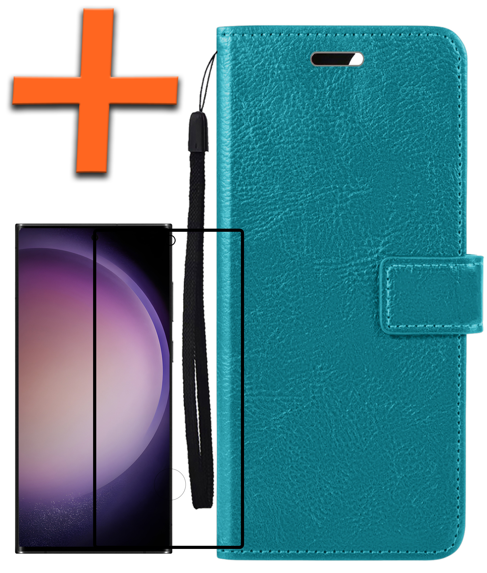 Nomfy Hoesje Geschikt voor Samsung S23 Ultra Hoes Bookcase Flipcase Book Cover Met Screenprotector - Hoes Geschikt voor Samsung Galaxy S23 Ultra Hoesje Book Case - Turquoise