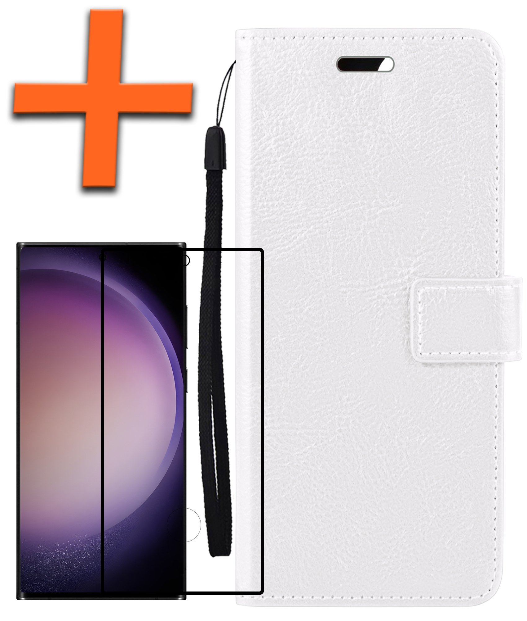 Nomfy Hoesje Geschikt voor Samsung S23 Ultra Hoes Bookcase Flipcase Book Cover Met Screenprotector - Hoes Geschikt voor Samsung Galaxy S23 Ultra Hoesje Book Case - Wit