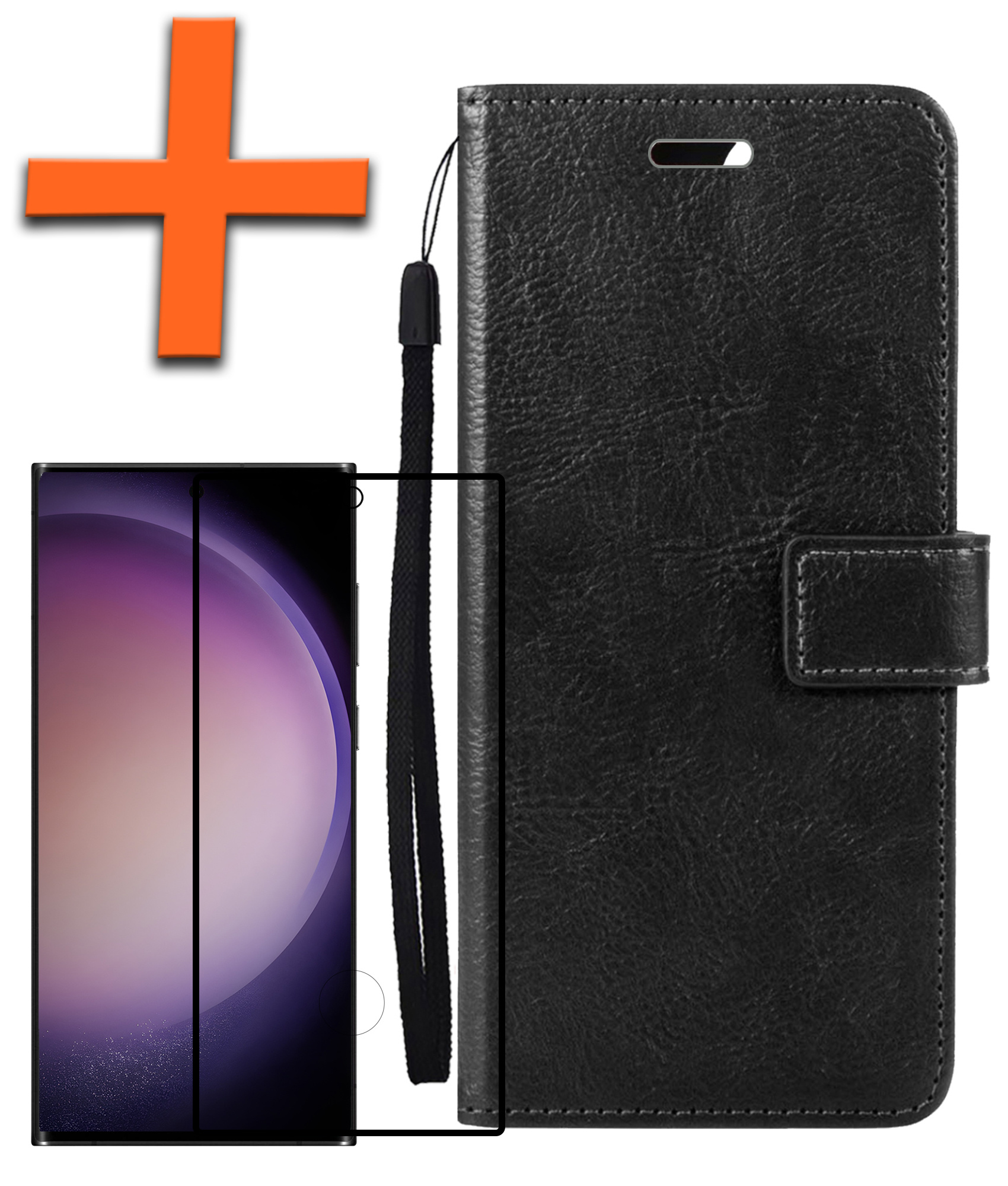 Nomfy Hoesje Geschikt voor Samsung S23 Ultra Hoes Bookcase Flipcase Book Cover Met Screenprotector - Hoes Geschikt voor Samsung Galaxy S23 Ultra Hoesje Book Case - Zwart