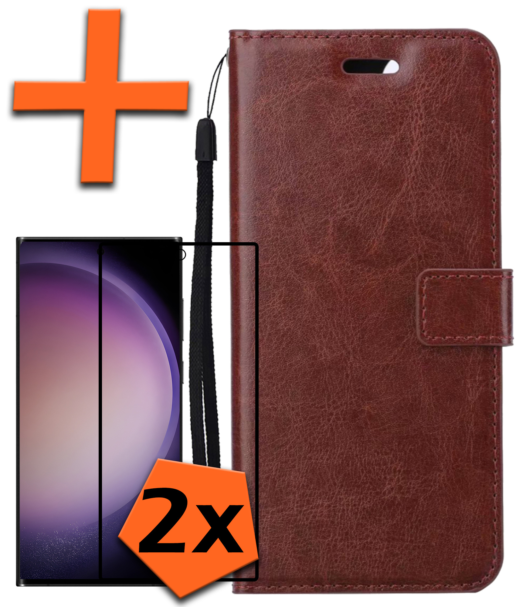 Nomfy Hoesje Geschikt voor Samsung S23 Ultra Hoes Bookcase Flipcase Book Cover Met 2x Screenprotector - Hoes Geschikt voor Samsung Galaxy S23 Ultra Hoesje Book Case - Bruin