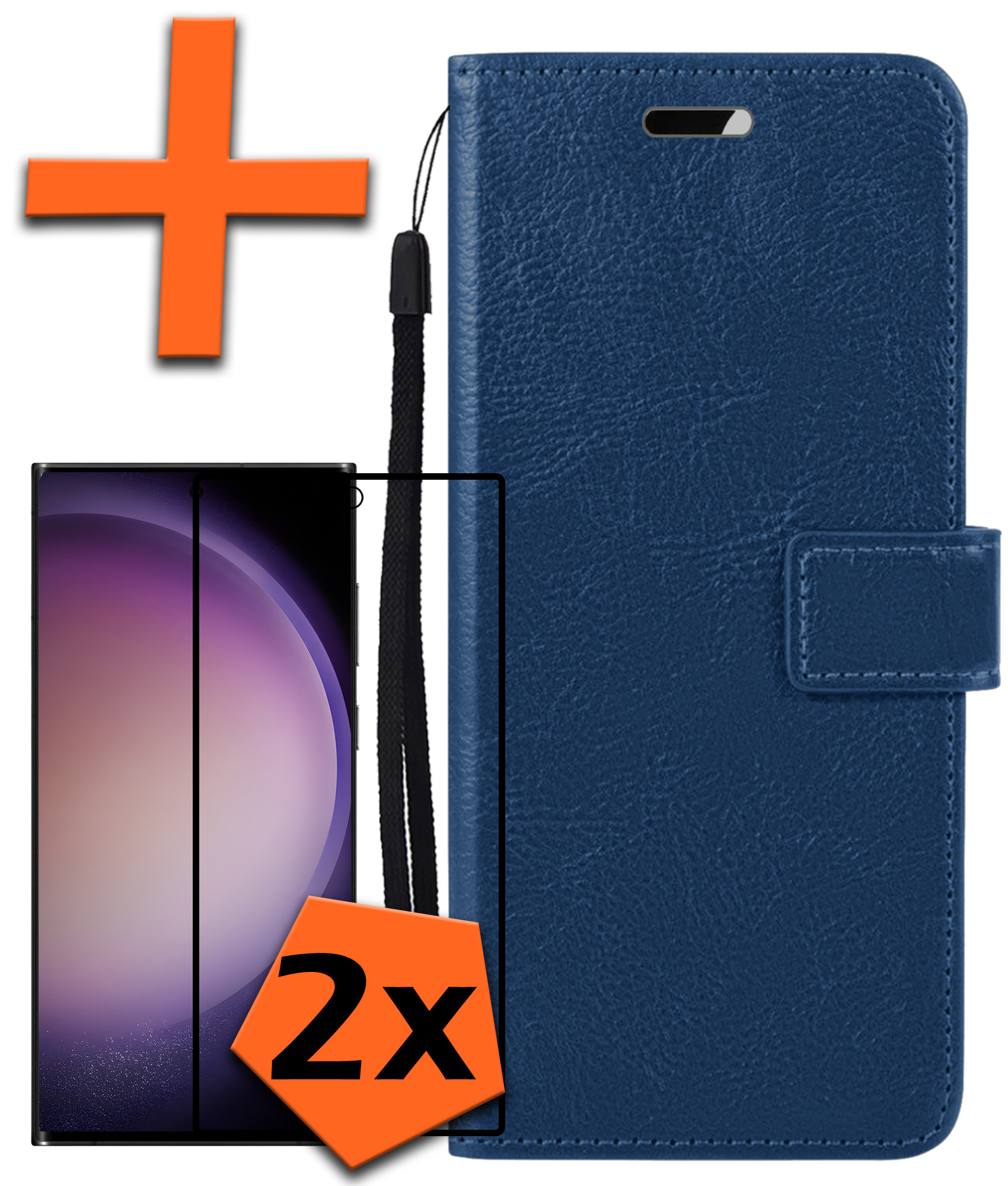 Nomfy Hoesje Geschikt voor Samsung S23 Ultra Hoes Bookcase Flipcase Book Cover Met 2x Screenprotector - Hoes Geschikt voor Samsung Galaxy S23 Ultra Hoesje Book Case - Donkerblauw