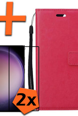 Nomfy Hoesje Geschikt voor Samsung S23 Ultra Hoes Bookcase Flipcase Book Cover Met 2x Screenprotector - Hoes Geschikt voor Samsung Galaxy S23 Ultra Hoesje Book Case - Donkerroze