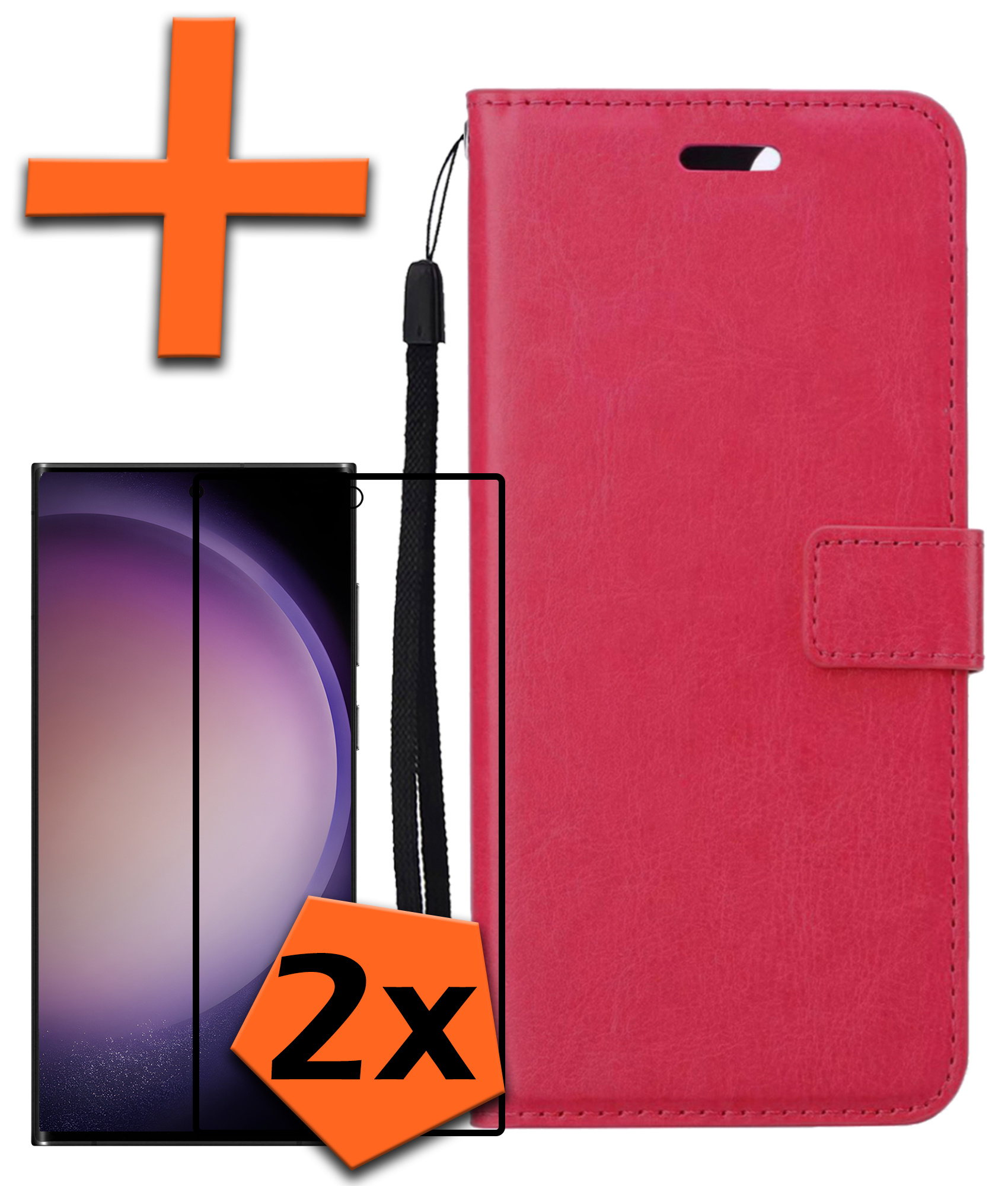 Nomfy Hoesje Geschikt voor Samsung S23 Ultra Hoes Bookcase Flipcase Book Cover Met 2x Screenprotector - Hoes Geschikt voor Samsung Galaxy S23 Ultra Hoesje Book Case - Donkerroze