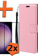Nomfy Hoesje Geschikt voor Samsung S23 Ultra Hoes Bookcase Flipcase Book Cover Met 2x Screenprotector - Hoes Geschikt voor Samsung Galaxy S23 Ultra Hoesje Book Case - Lichtroze