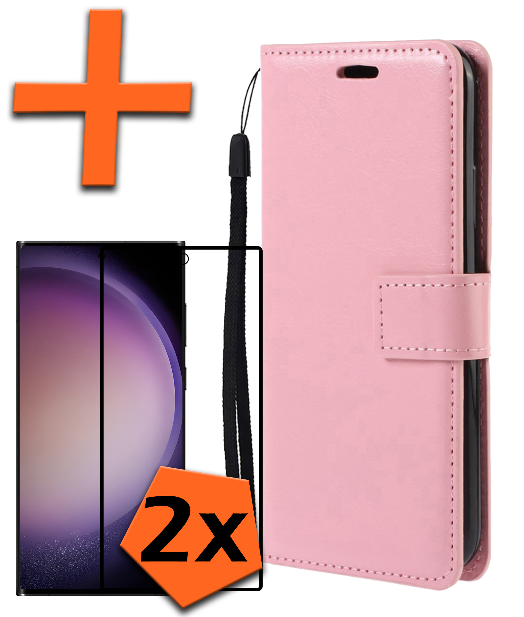 Nomfy Hoesje Geschikt voor Samsung S23 Ultra Hoes Bookcase Flipcase Book Cover Met 2x Screenprotector - Hoes Geschikt voor Samsung Galaxy S23 Ultra Hoesje Book Case - Lichtroze