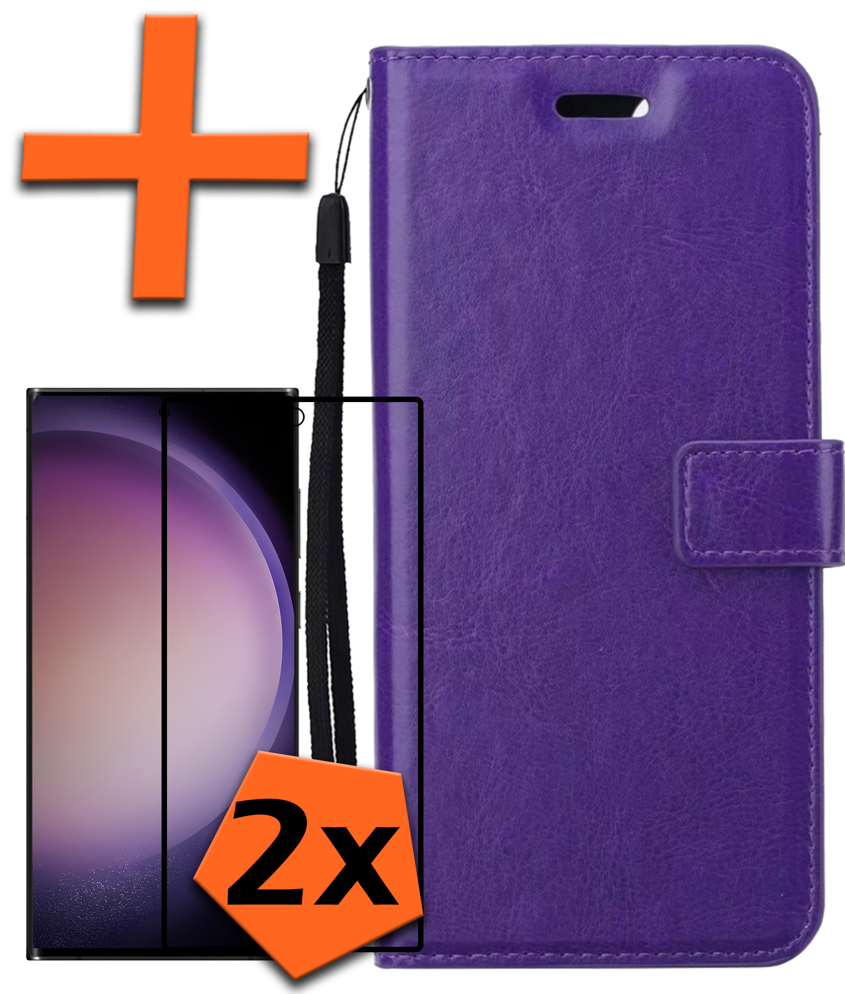 Nomfy Hoesje Geschikt voor Samsung S23 Ultra Hoes Bookcase Flipcase Book Cover Met 2x Screenprotector - Hoes Geschikt voor Samsung Galaxy S23 Ultra Hoesje Book Case - Paars